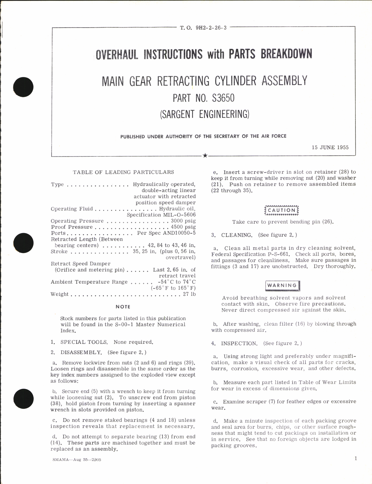 Sample page 1 from AirCorps Library document: Overhaul Instructions with Parts Breakdown for Main Gear Retracting Cylinder Assembly Part No. S3650