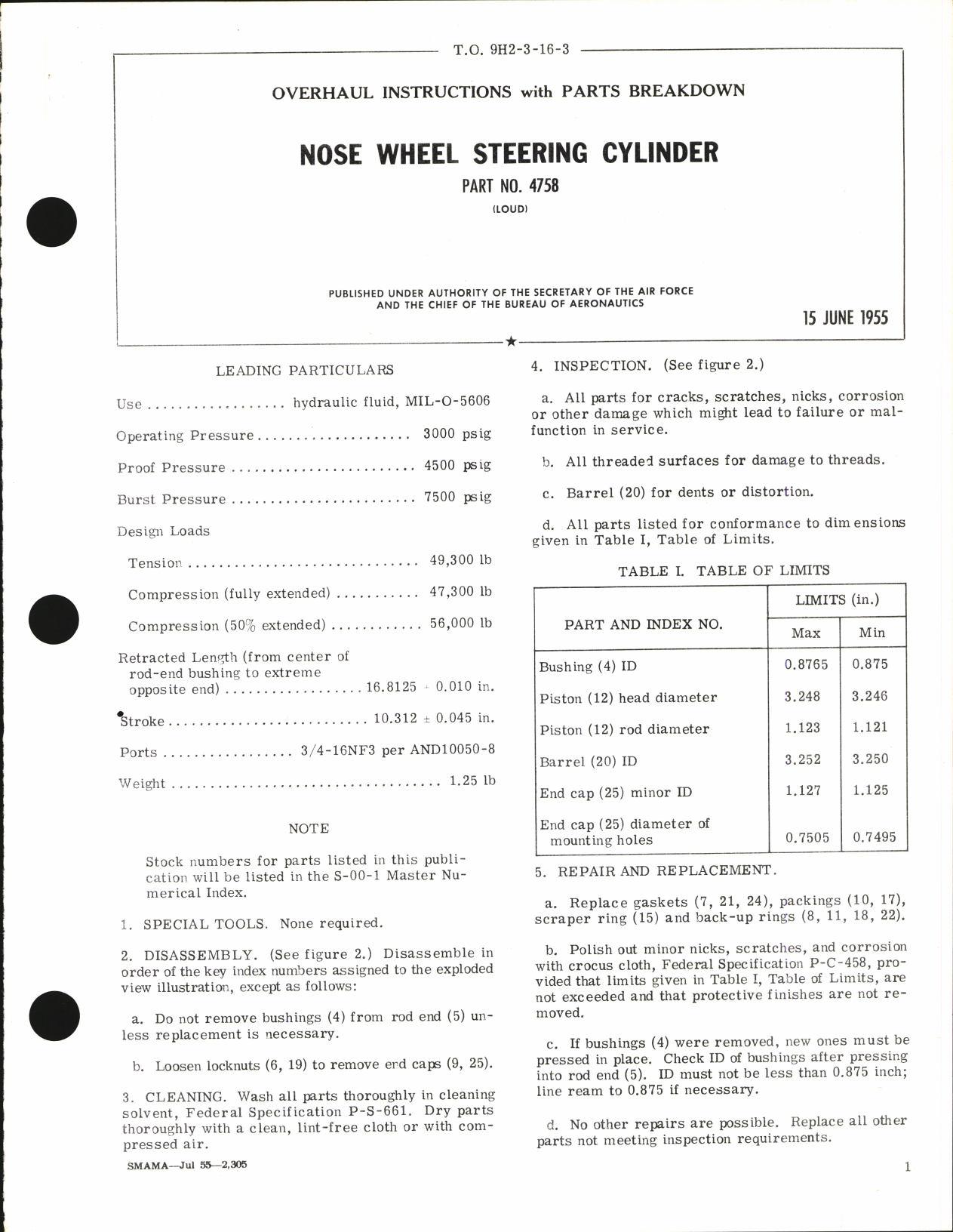 Sample page 1 from AirCorps Library document: Overhaul Instructions with Parts Breakdown for Nose Wheel Steering Cylinder Part No. 4758