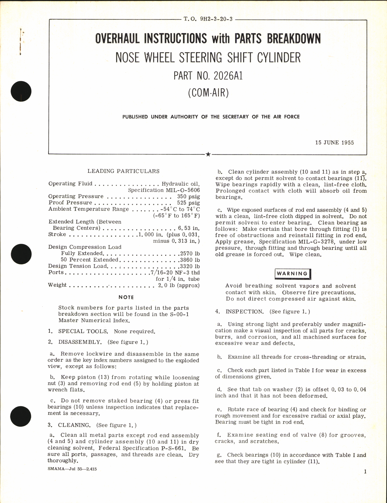 Sample page 1 from AirCorps Library document: Overhaul Instructions with Parts Breakdown for Nose Wheel Steering Shift Cylinder Part No. 2026A1