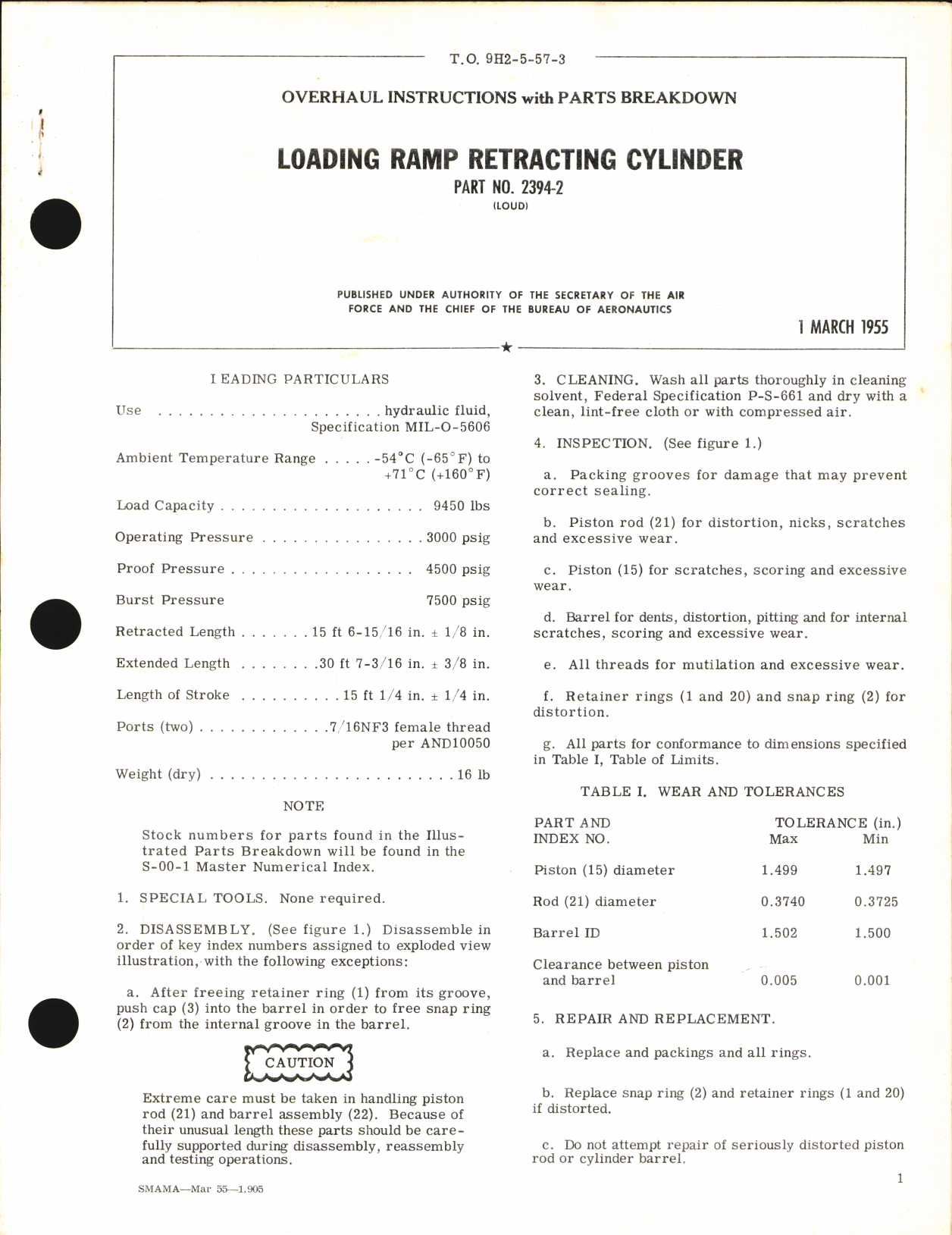 Sample page 1 from AirCorps Library document: Overhaul Instructions with Parts Breakdown for Loading Ramp Retracting Cylinder Part No. 3294-2