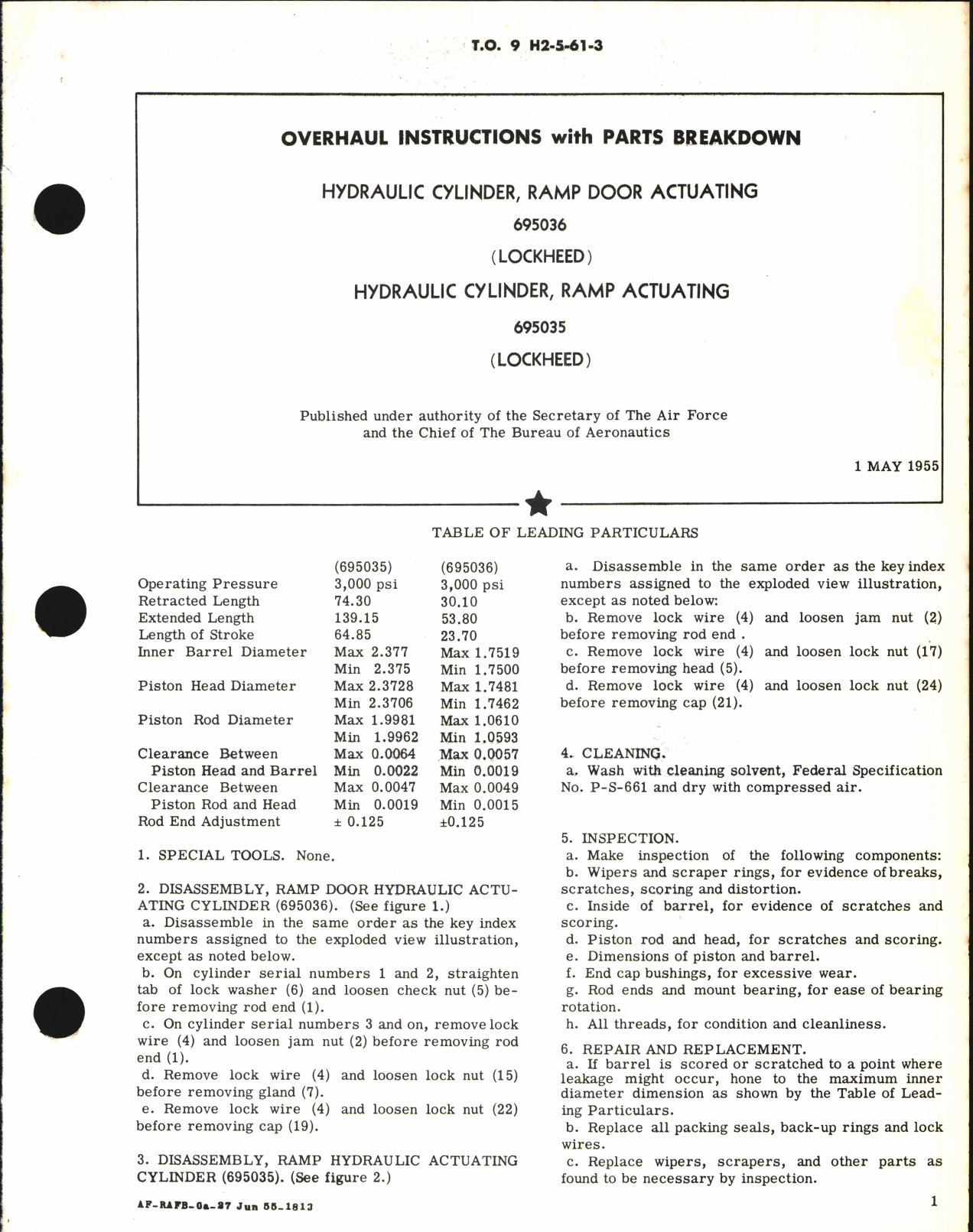 Sample page 1 from AirCorps Library document: Overhaul Instructions with Parts Breakdown for hydraulic Cylinder, Ramp door Actuating 695036, Hydraulic Cylinder, Ramp Actuating 695035 