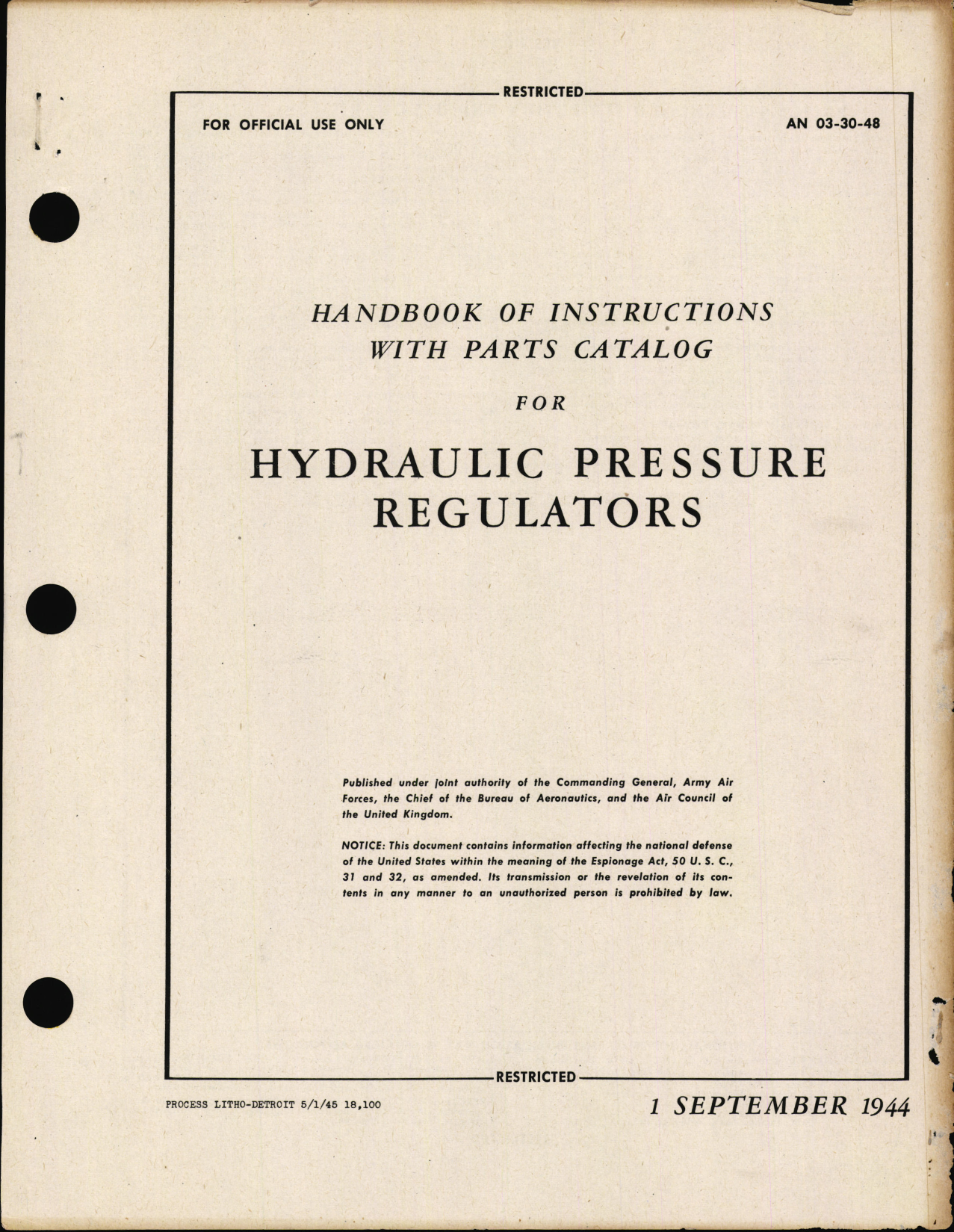 Sample page 1 from AirCorps Library document: Handbook of Instructions with Parts Catalog for Hydraulic Pressure Regulators