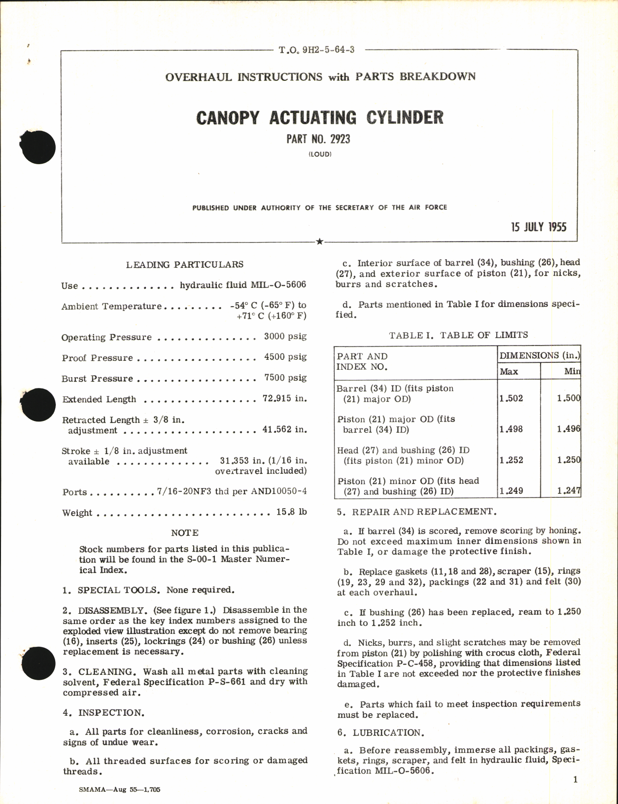 Sample page 1 from AirCorps Library document: Overhaul Instructions with Parts Breakdown for Canopy Actuating Cylinder Part No. 2923