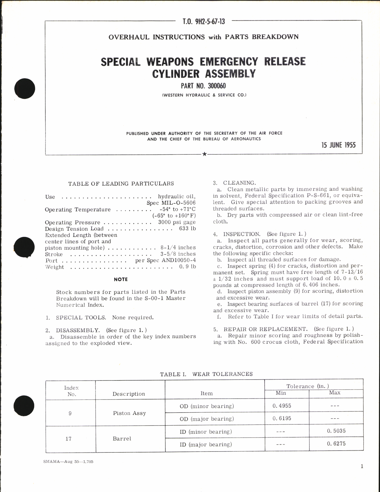 Sample page 1 from AirCorps Library document: Overhaul Instructions with Parts Breakdown for Special Weapons Emergency Release Cylinder Assembly Part No. 300060