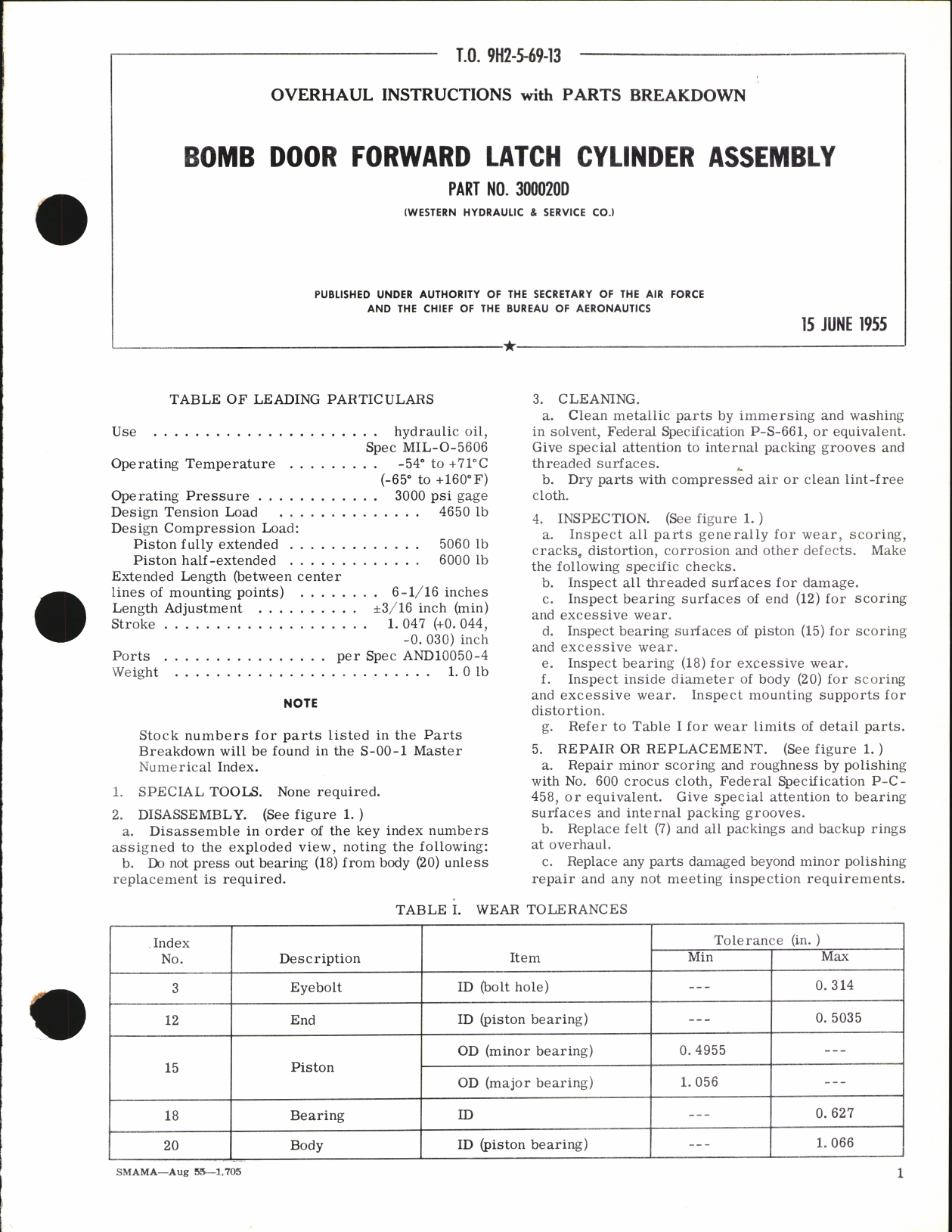 Sample page 1 from AirCorps Library document: Overhaul Instructions with Parts Breakdown for Bomb Door Forward Latch Cylinder Assembly Part No. 300020D