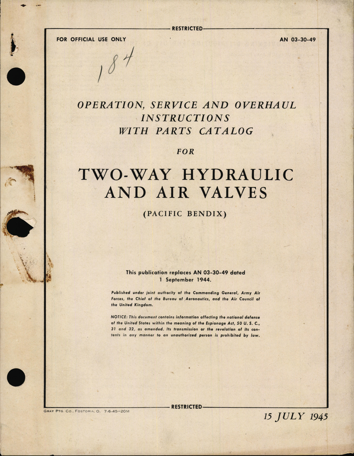 Sample page 1 from AirCorps Library document: Operation, Service and Overhaul Instructions with Parts Catalog for Two-Way Hydraulic and Air Valves