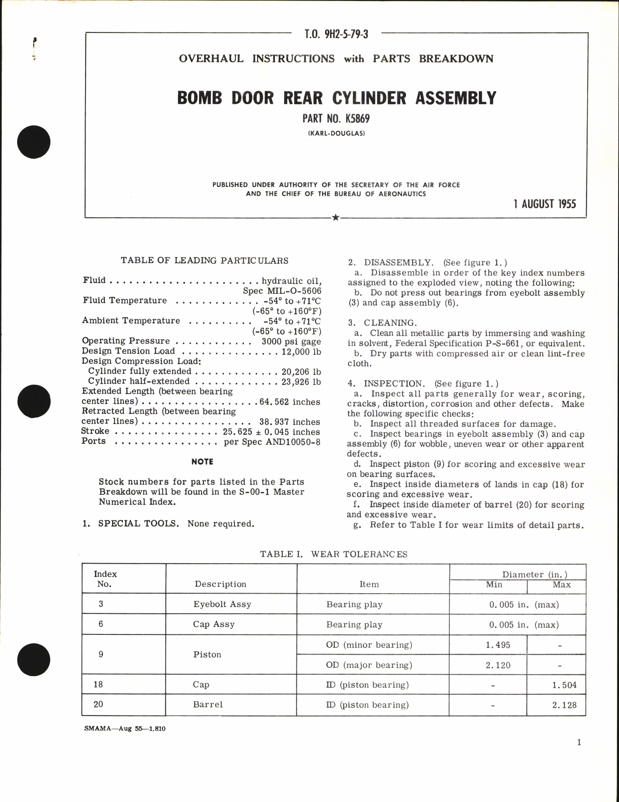 Sample page 1 from AirCorps Library document: Overhaul Instructions with Parts Breakdown for Bomb Door Rear Cylinder Assembly Part No. K5869