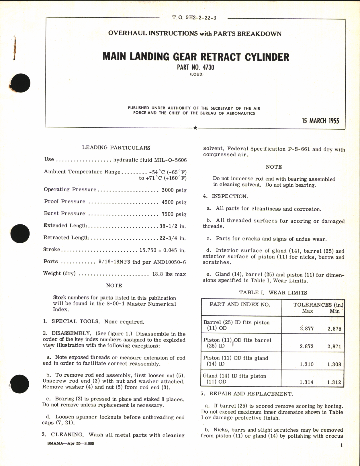 Sample page 1 from AirCorps Library document: Overhaul Instructions with Parts Breakdown for Main Landing Gear Retract Cylinder Part No. 4730