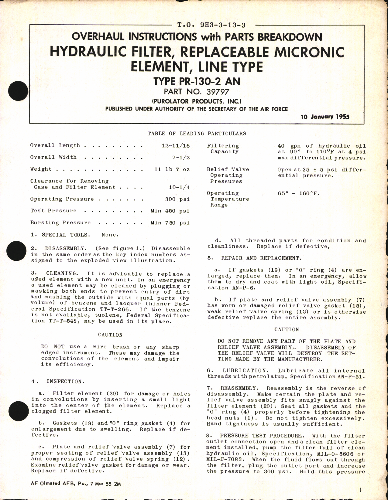 Sample page 1 from AirCorps Library document: Overhaul Instructions with Parts Breakdown for Hydraulic Filter, Replaceable Micronic Element, Line Type, Type PR-130-2 AN Part No. 39797