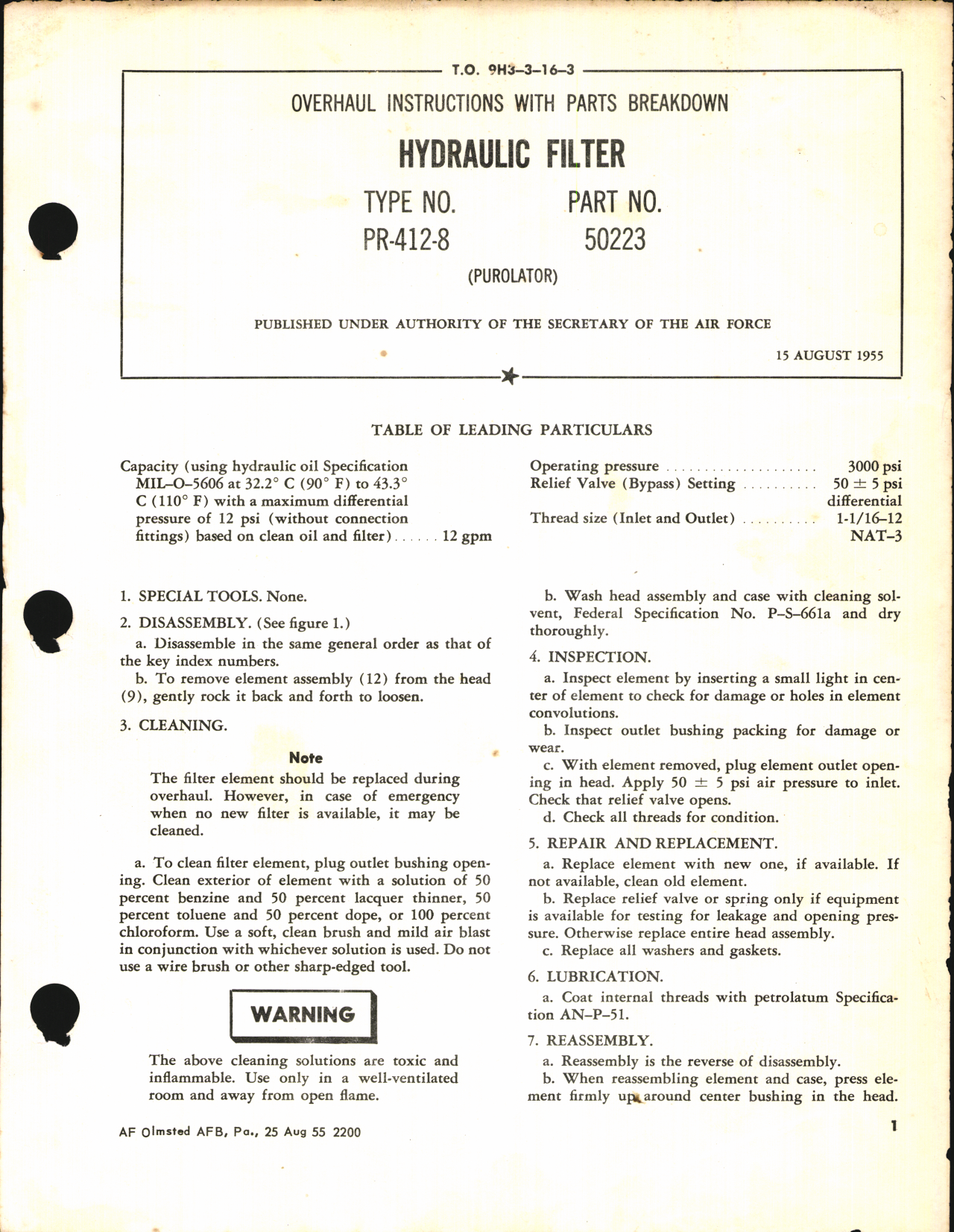 Sample page 1 from AirCorps Library document: Overhaul Instructions with Parts Breakdown for Hydraulic Filter, Type No. PR-412-8, Part No. 50223