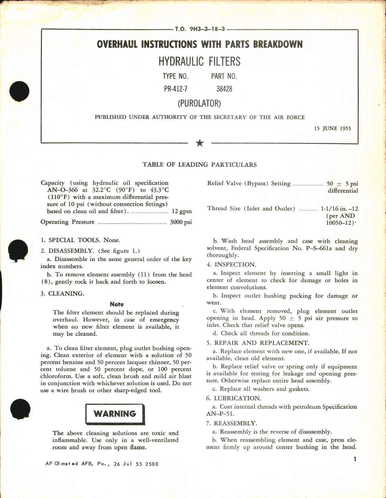 Sample page 1 from AirCorps Library document: Overhaul Instructions with Parts Breakdown for Hydraulic Filters Type no. PR-412-7, Part No. 38428