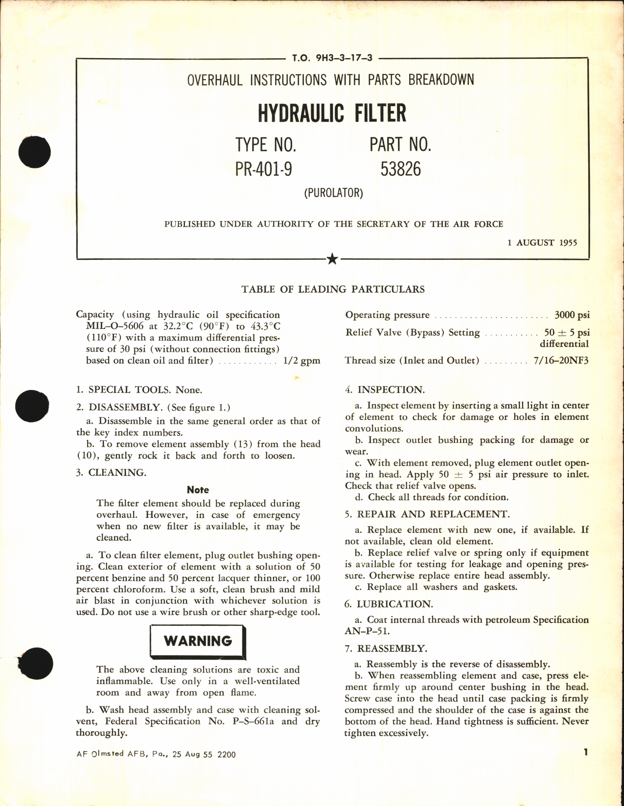 Sample page 1 from AirCorps Library document: Overhaul Instructions with Parts Breakdown for Hydraulic Filters Type No. PR-401-9, Part No. 53826