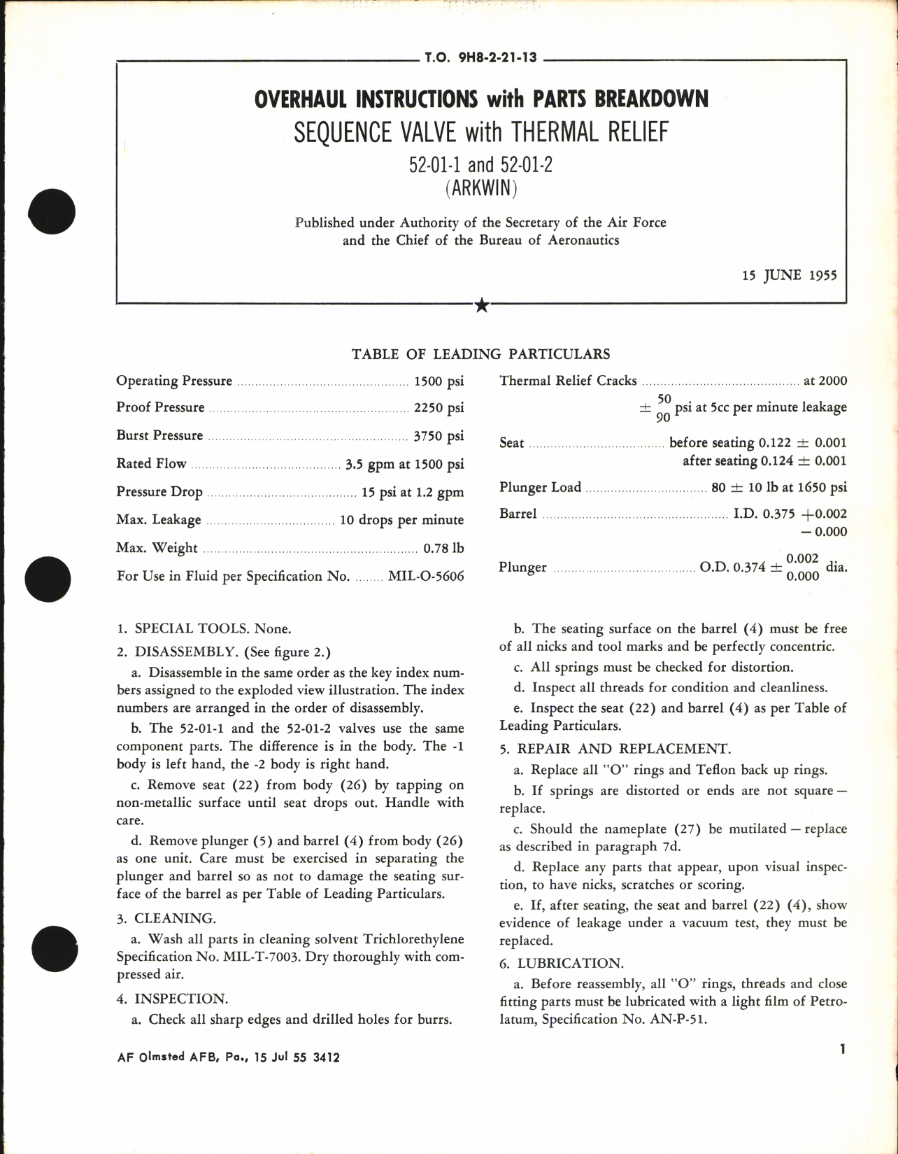 Sample page 1 from AirCorps Library document: Overhaul Instructions with Parts Breakdown for Sequence Valve with Thermal Relief 52-01-1 and 52-01-2