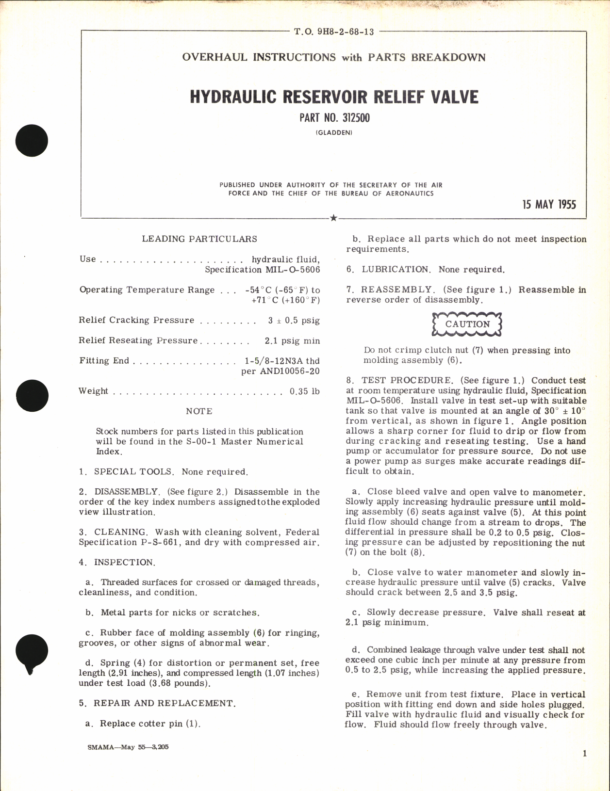 Sample page 1 from AirCorps Library document: Overhaul Instructions with Parts Breakdown for Hydraulic Reservoir Relief Valve Part no. 312500
