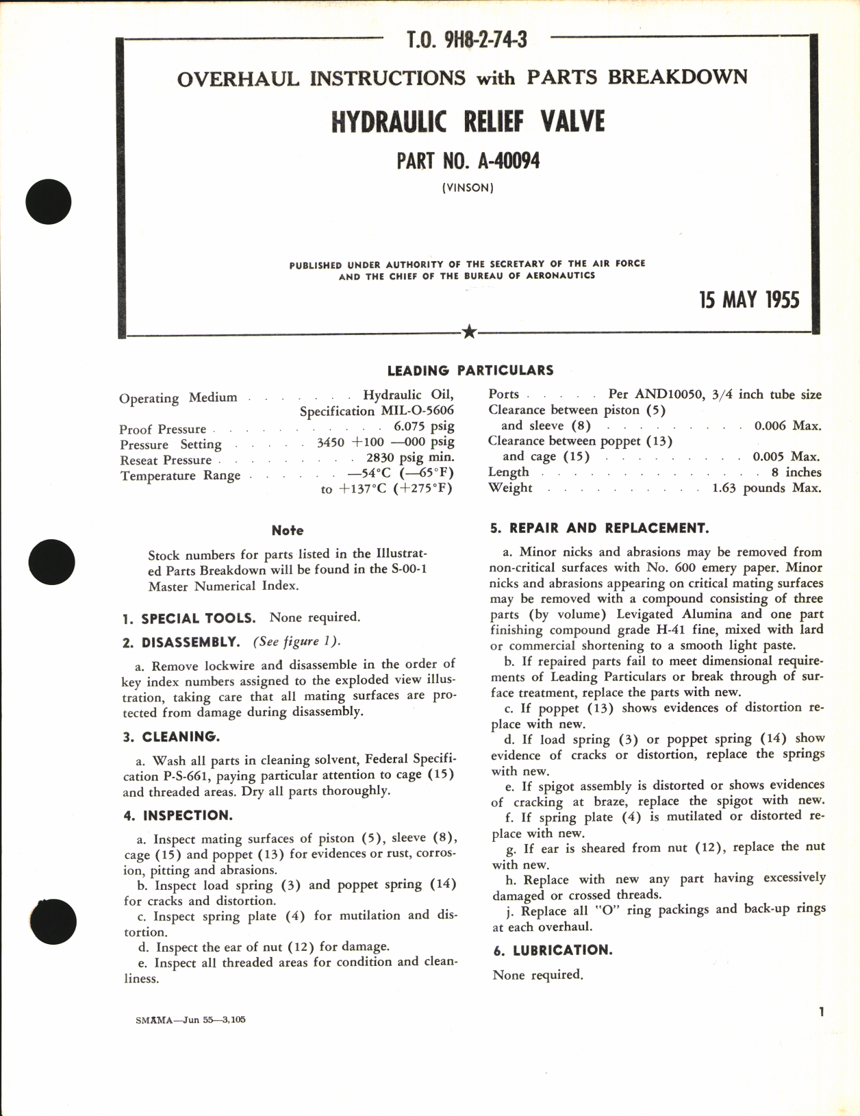 Sample page 1 from AirCorps Library document: Overhaul Instructions with Parts Breakdown for Hydraulic Relief Valve Part No. A-40094