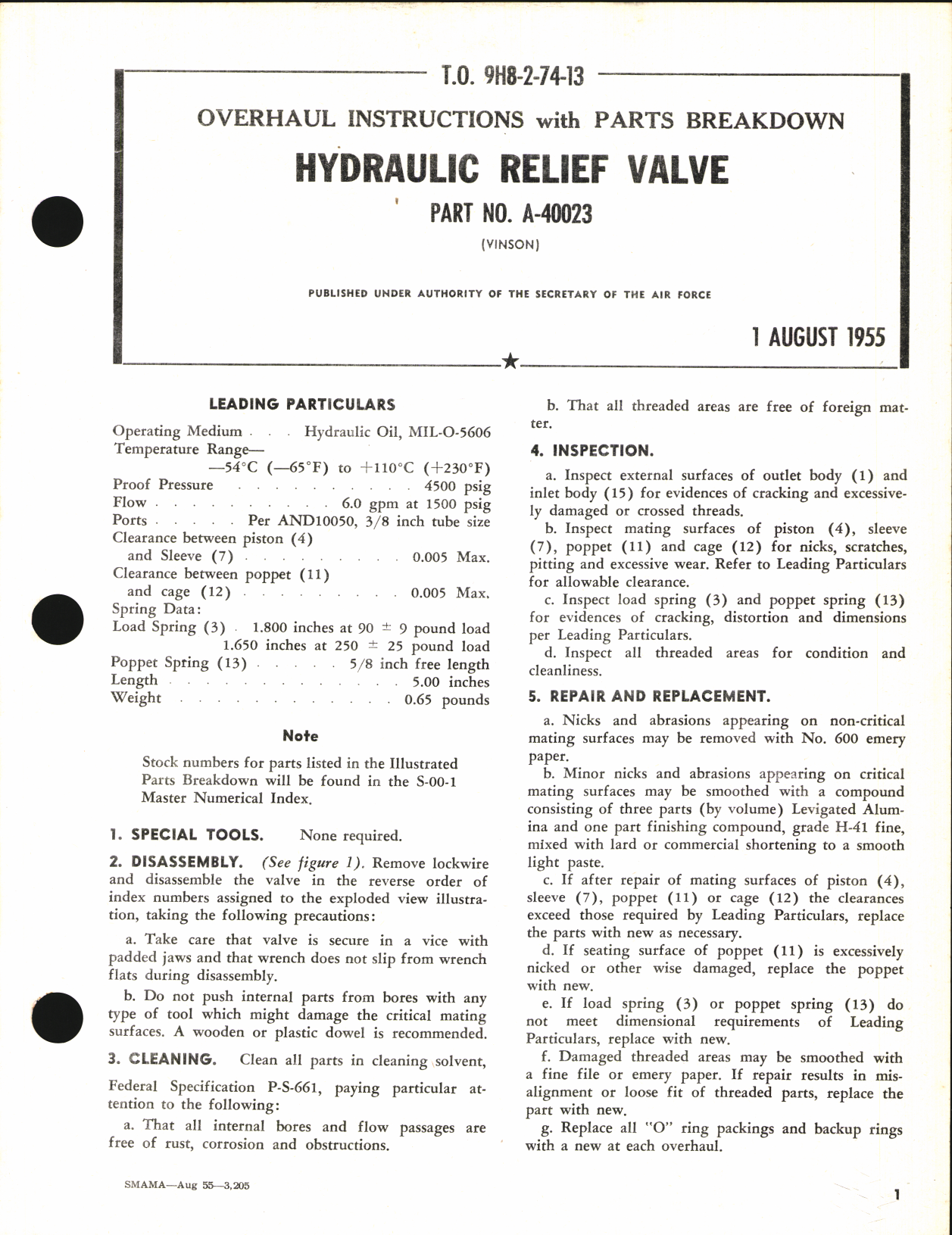 Sample page 1 from AirCorps Library document: Overhaul Instructions with Parts Breakdown for Hydraulic Relief Valve Part No. A-40023