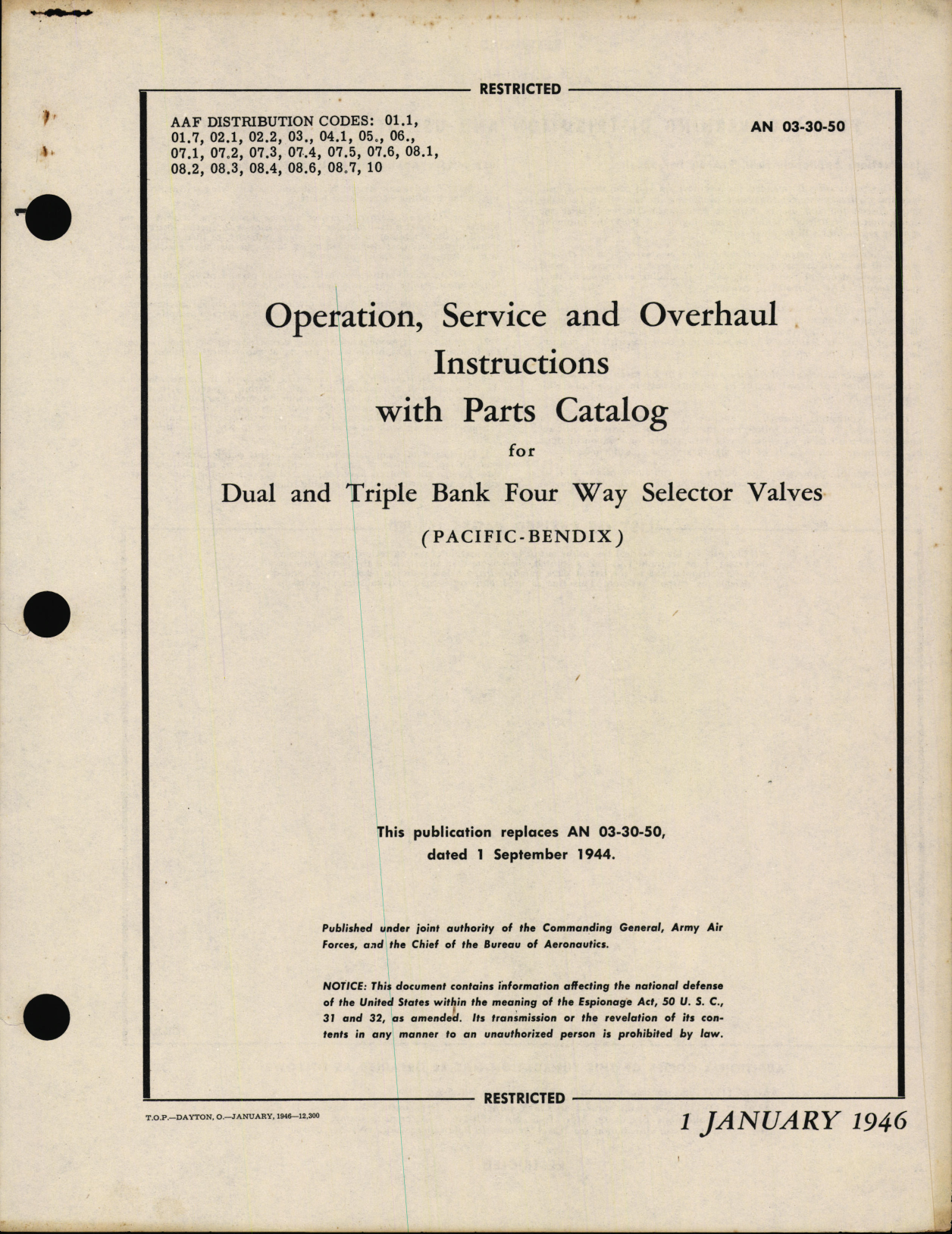 Sample page 1 from AirCorps Library document: Operation, Service and Overhaul Instructions with Parts Catalog for Dual and Triple Bank Four Way Selector Valves