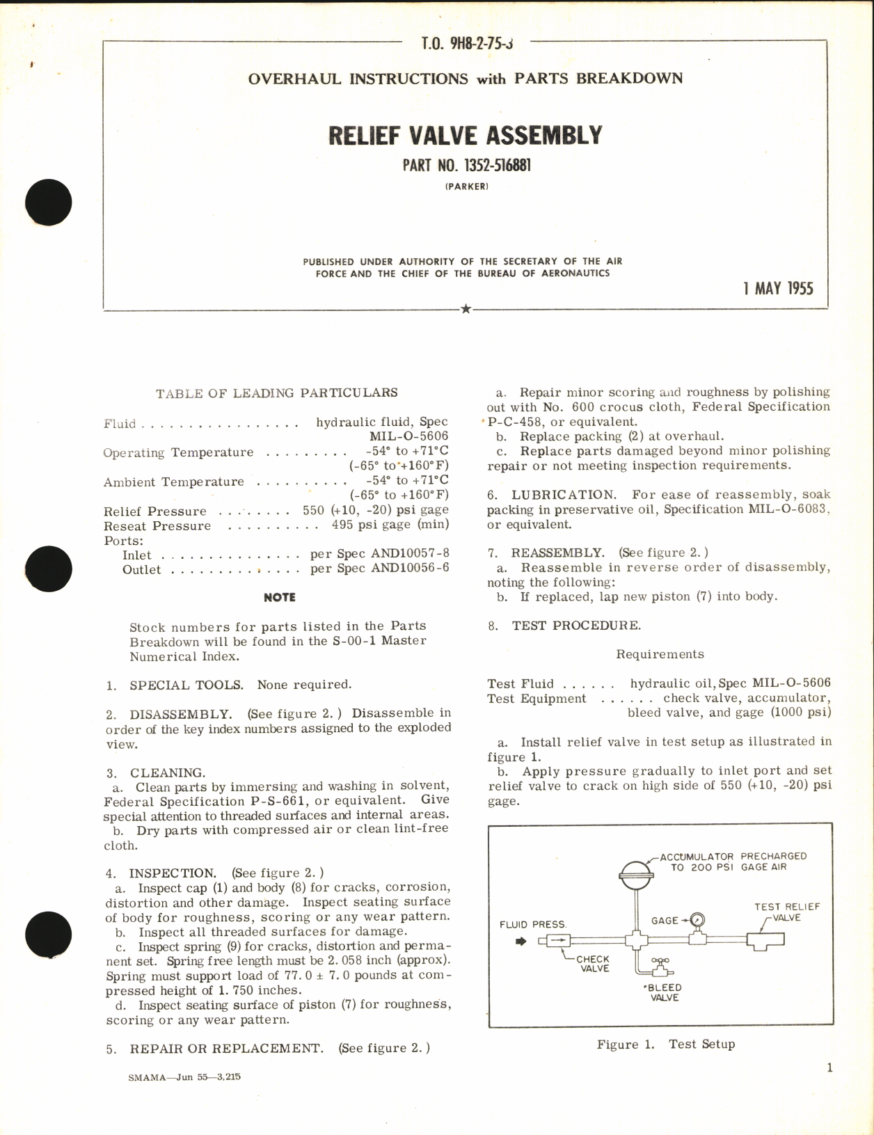 Sample page 1 from AirCorps Library document: Overhaul Instructions with Parts Breakdown for relief Valve Assembly Part No. 1352-516881