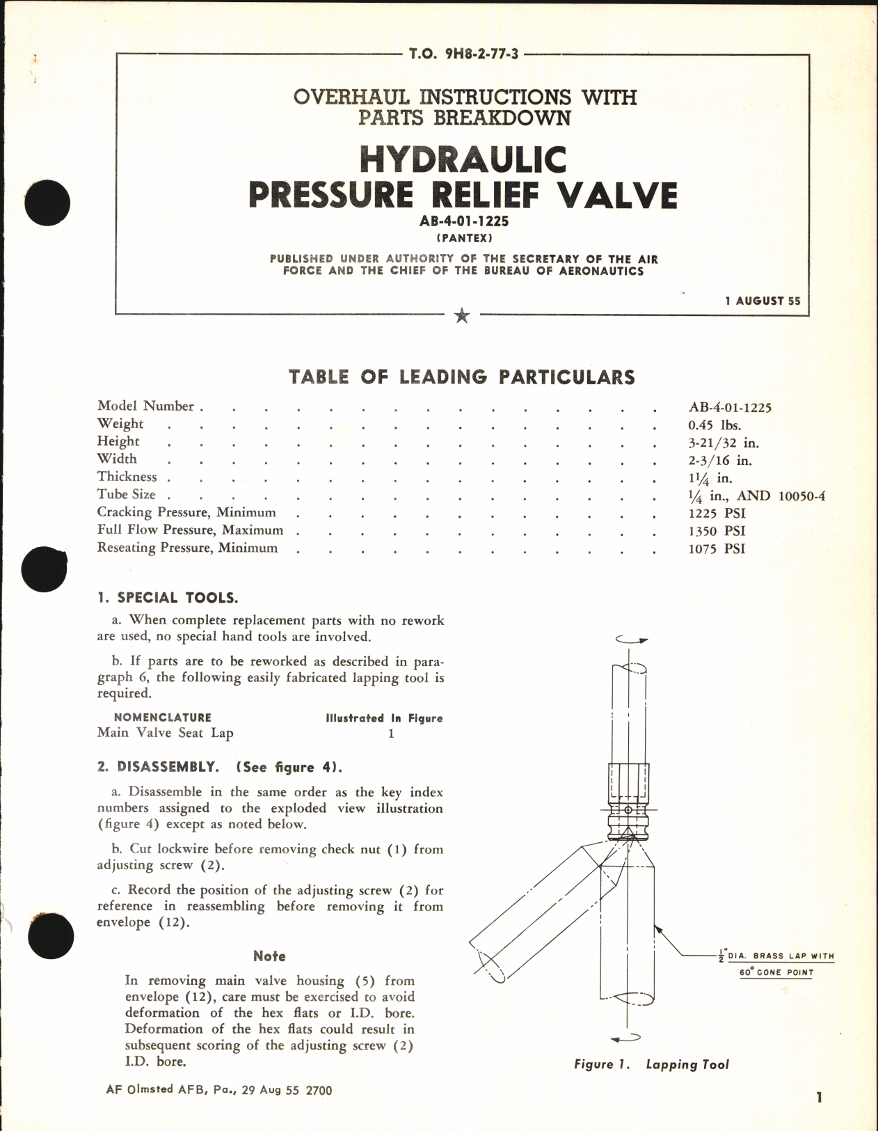 Sample page 1 from AirCorps Library document: Overhaul Instructions with Parts Breakdown for Hydraulic Pressure Relief Valve AB-4-01-1225