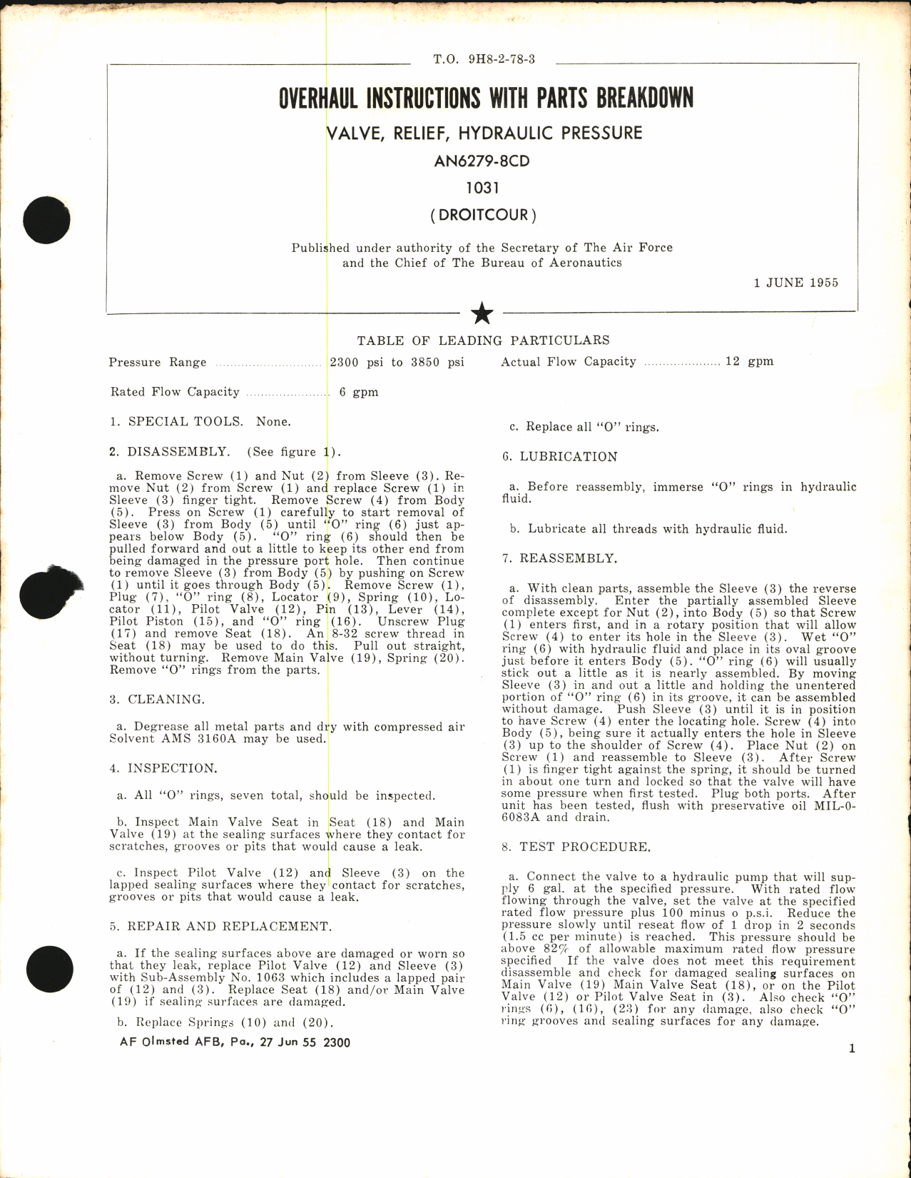 Sample page 1 from AirCorps Library document: Overhaul Instructions with Parts Breakdown for Valve, Relief, Hydraulic Pressure AN6279-8CD 1031