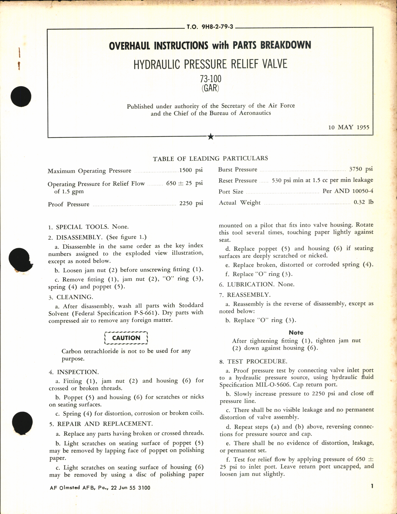 Sample page 1 from AirCorps Library document: Overhaul Instructions with Parts Breakdown for Hydraulic Pressure Relief Valve 73-100