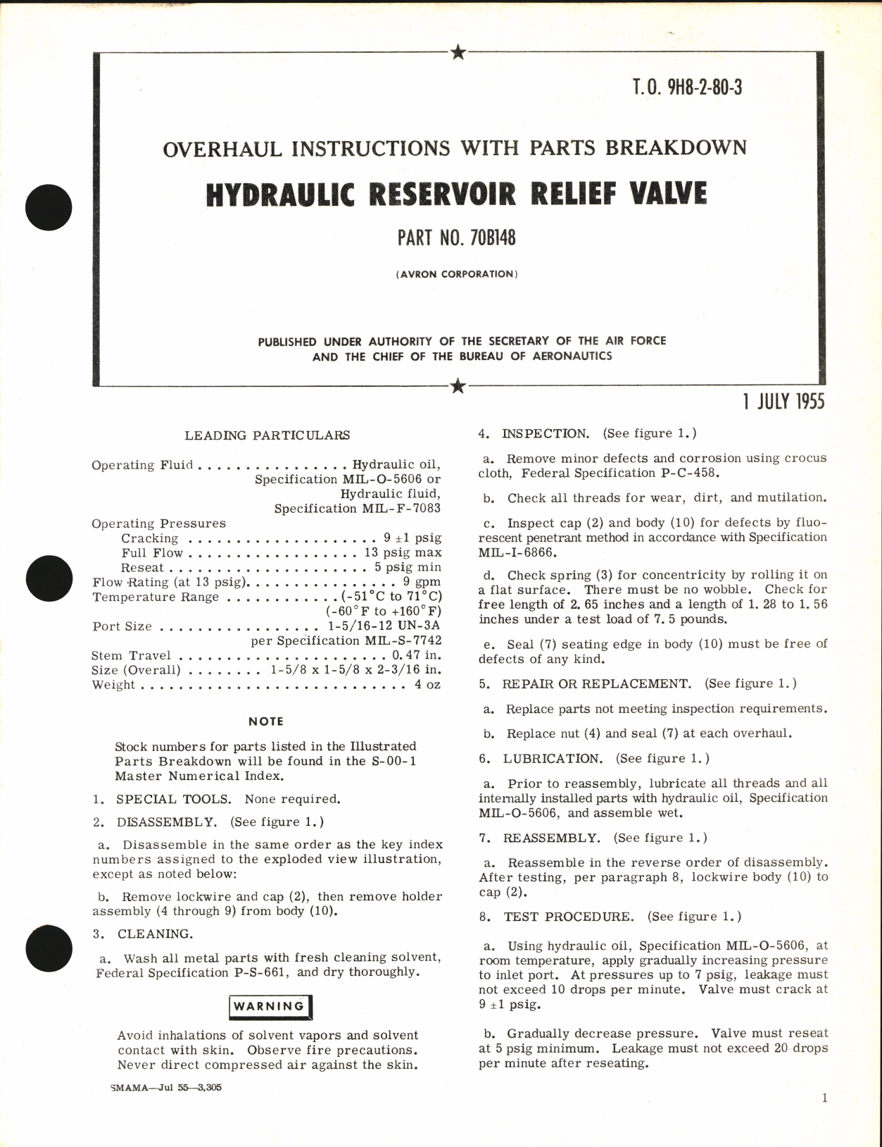 Sample page 1 from AirCorps Library document: Overhaul Instructions with Parts Breakdown for Hydraulic Reservoir Relief Valve Part No. 70B148