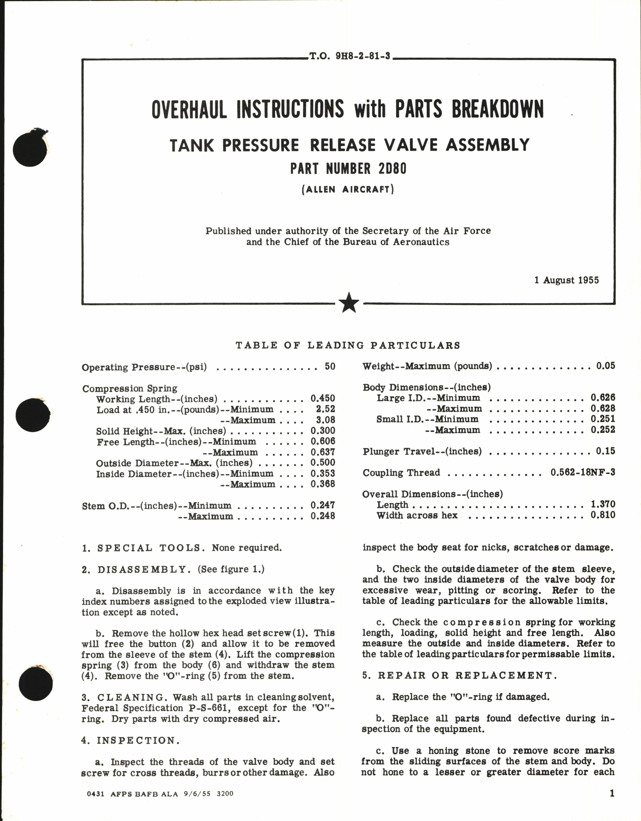 Sample page 1 from AirCorps Library document: Overhaul Instructions with Parts breakdown for Tank Pressure Release Valve Assembly Part Number 2D80