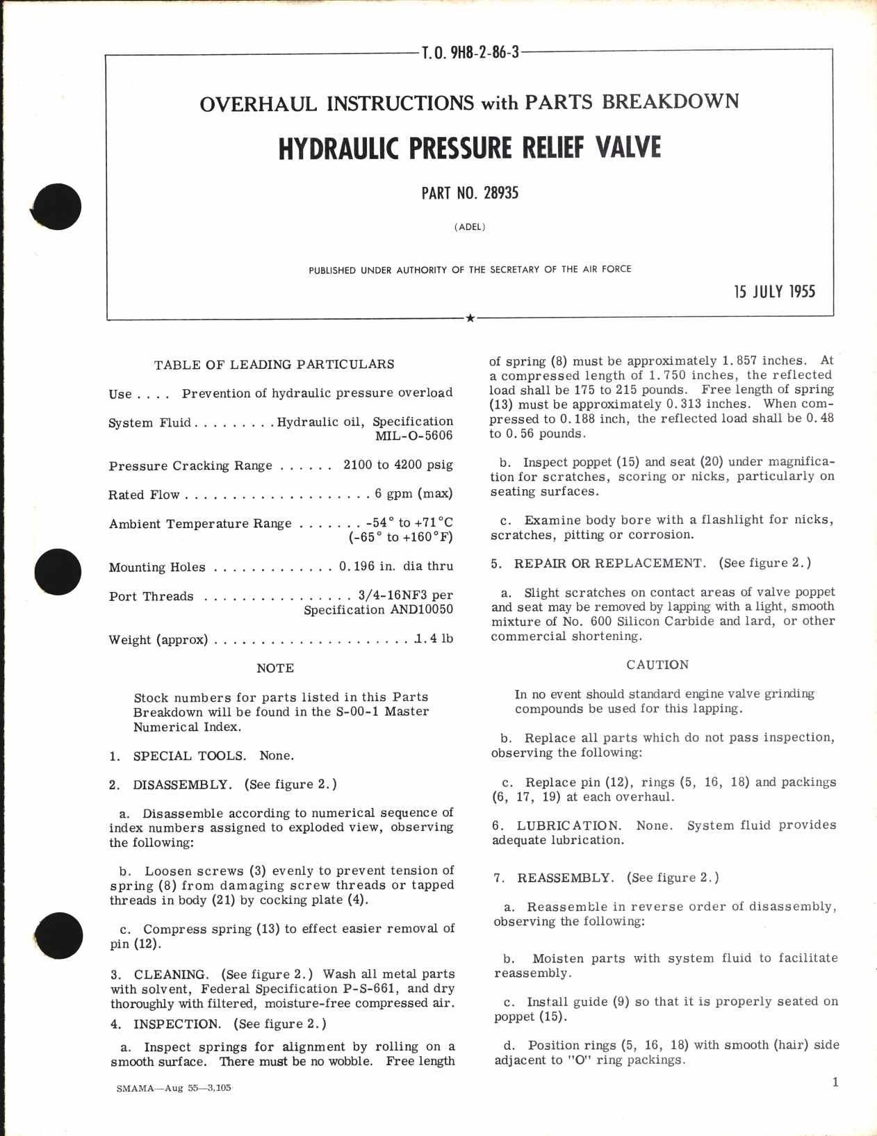 Sample page 1 from AirCorps Library document: Overhaul Instructions with Parts Breakdown for Hydraulic Pressure Relief Valve Part No. 28935