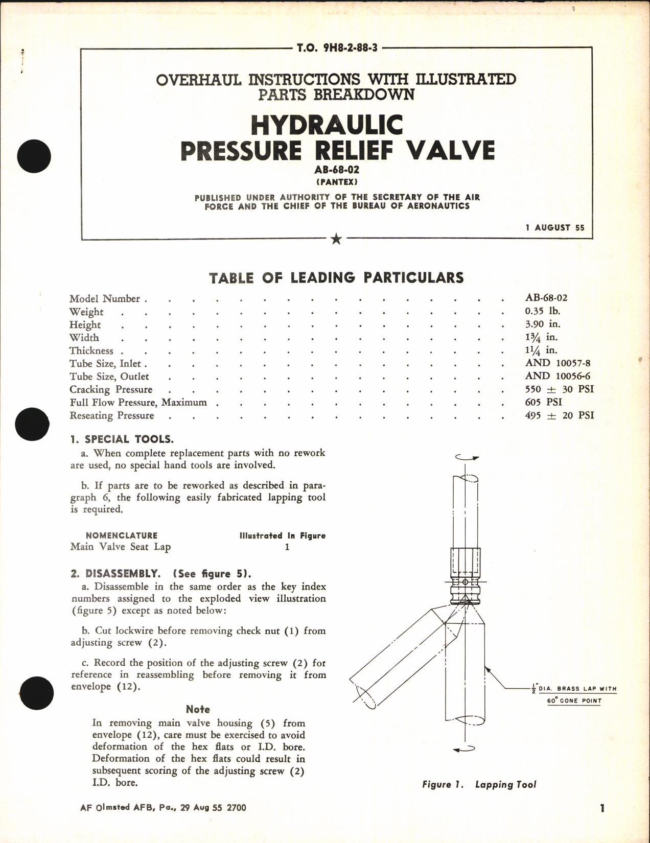 Sample page 1 from AirCorps Library document: Overhaul Instructions with Illustrated Parts Breakdown for Hydraulic Pressure Relief Valve AB-68-02