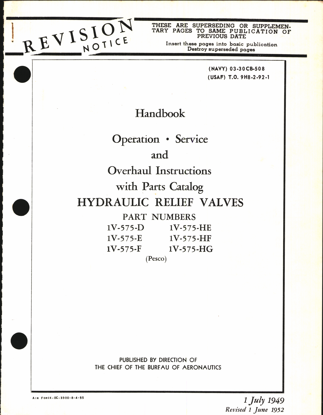 Sample page 1 from AirCorps Library document: Operation, Service and Overhaul Instructions with Parts Catalog for Hydraulic Relief Valves