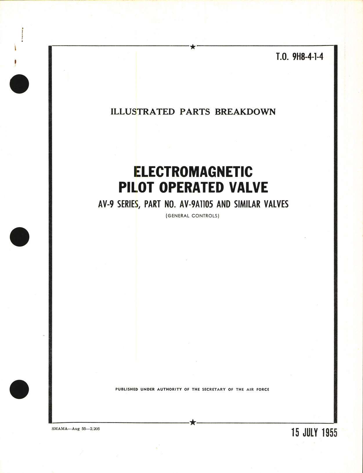 Sample page 1 from AirCorps Library document: Illustrated Parts breakdown for Electromagnetic Pilot Operated Valve AV-9 Series, Part No. AV-9A1105 and Similar Valves