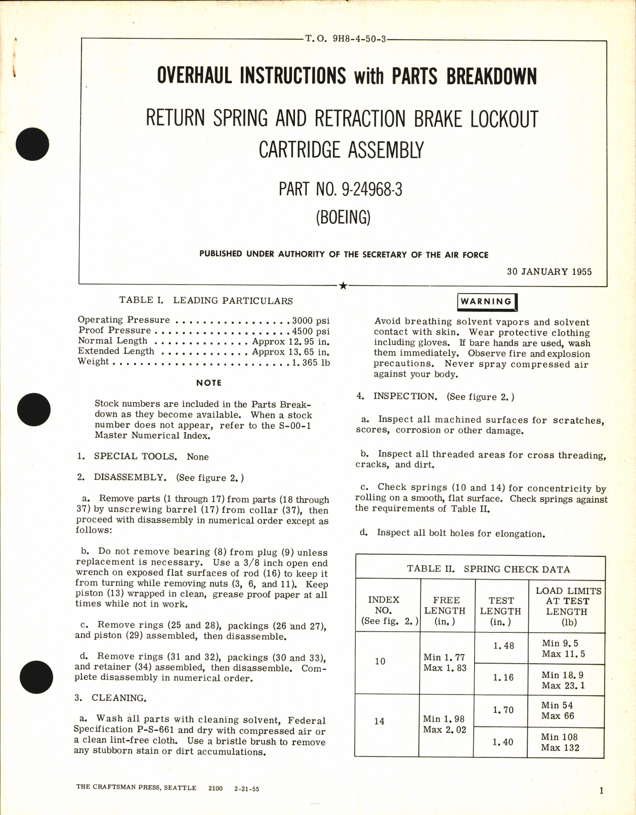 Sample page 1 from AirCorps Library document: Overhaul Instructions with Parts Breakdown for Return Spring and Retraction Brake Lockout Cartridge Assembly Part No. 9-24968-3