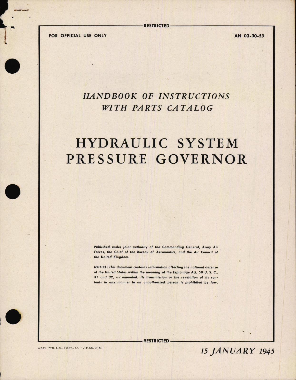 Sample page 1 from AirCorps Library document: Handbook of Instructions with Parts Catalog, Hydraulic System Pressure Governor