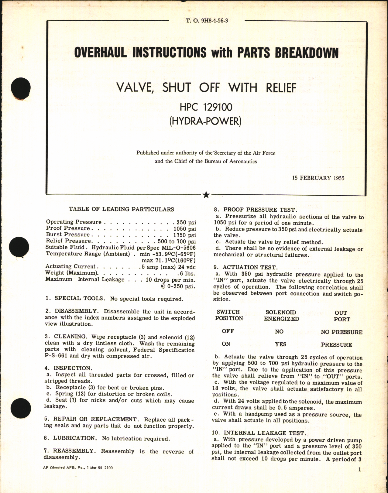 Sample page 1 from AirCorps Library document: Overhaul Instructions with Parts Breakdown for Valve, Shut Off with relief HPC 129100
