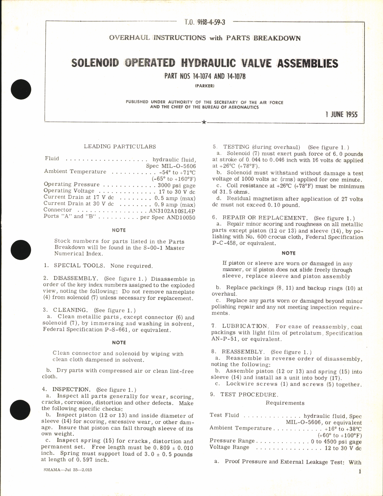 Sample page 1 from AirCorps Library document: Overhaul Instructions with Parts Breakdown for Solenoid Operated Hydraulic Valve Assemblies 