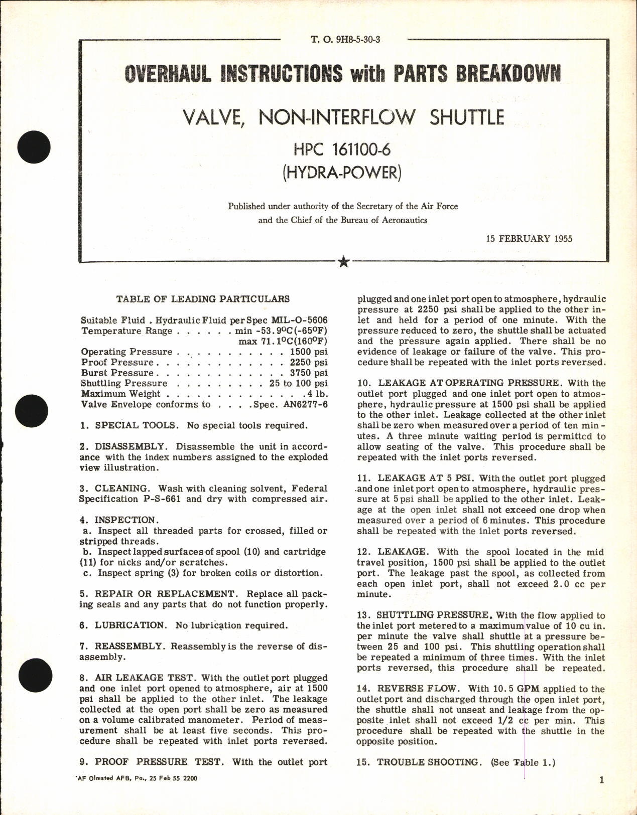 Sample page 1 from AirCorps Library document: Overhaul Instructions with Parts Breakdown for Valve, Non-Interflow Shuttle, HPC 161100-6