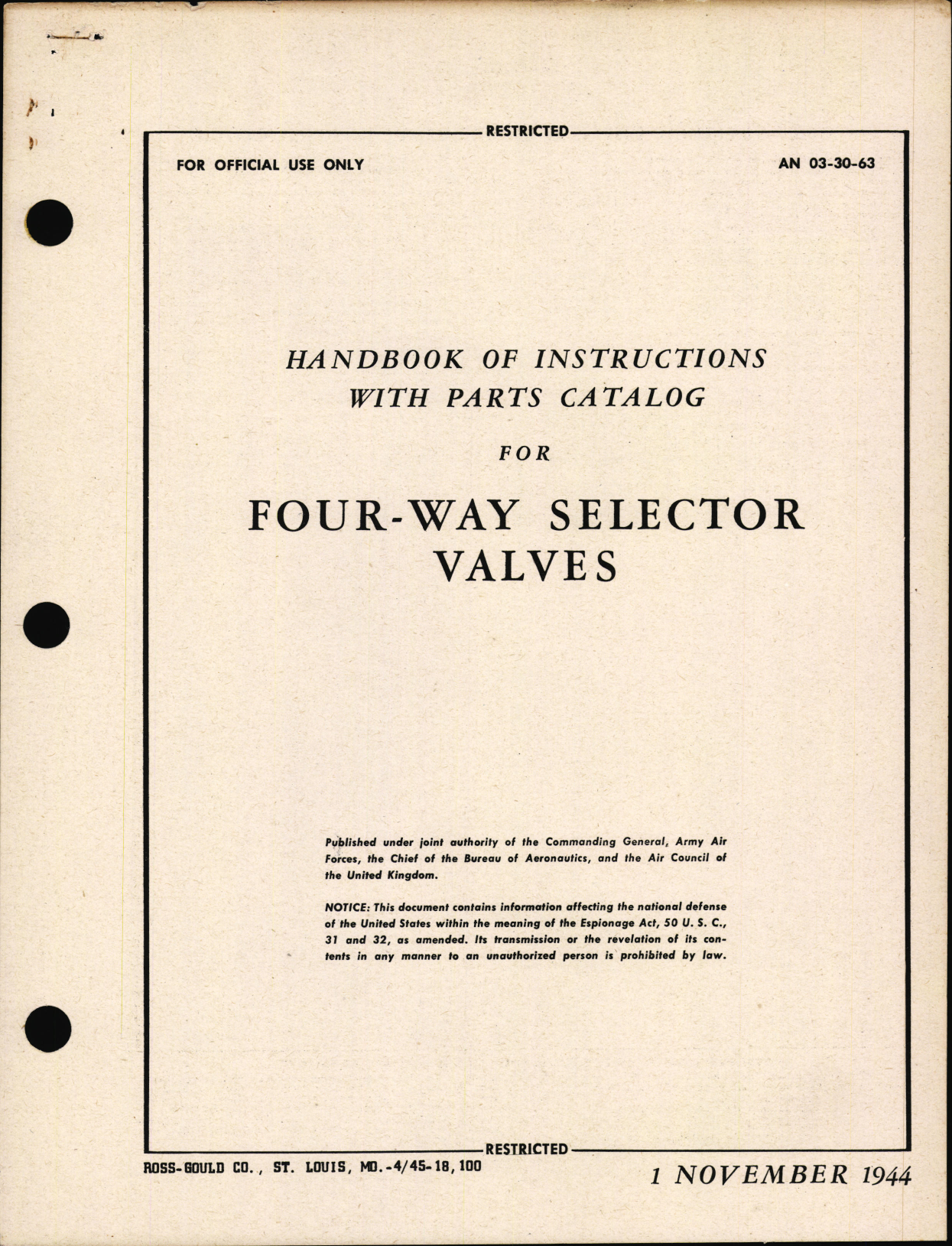 Sample page 1 from AirCorps Library document: Handbook of Instructions With Parts Catalog for Four-Way Selector Valves