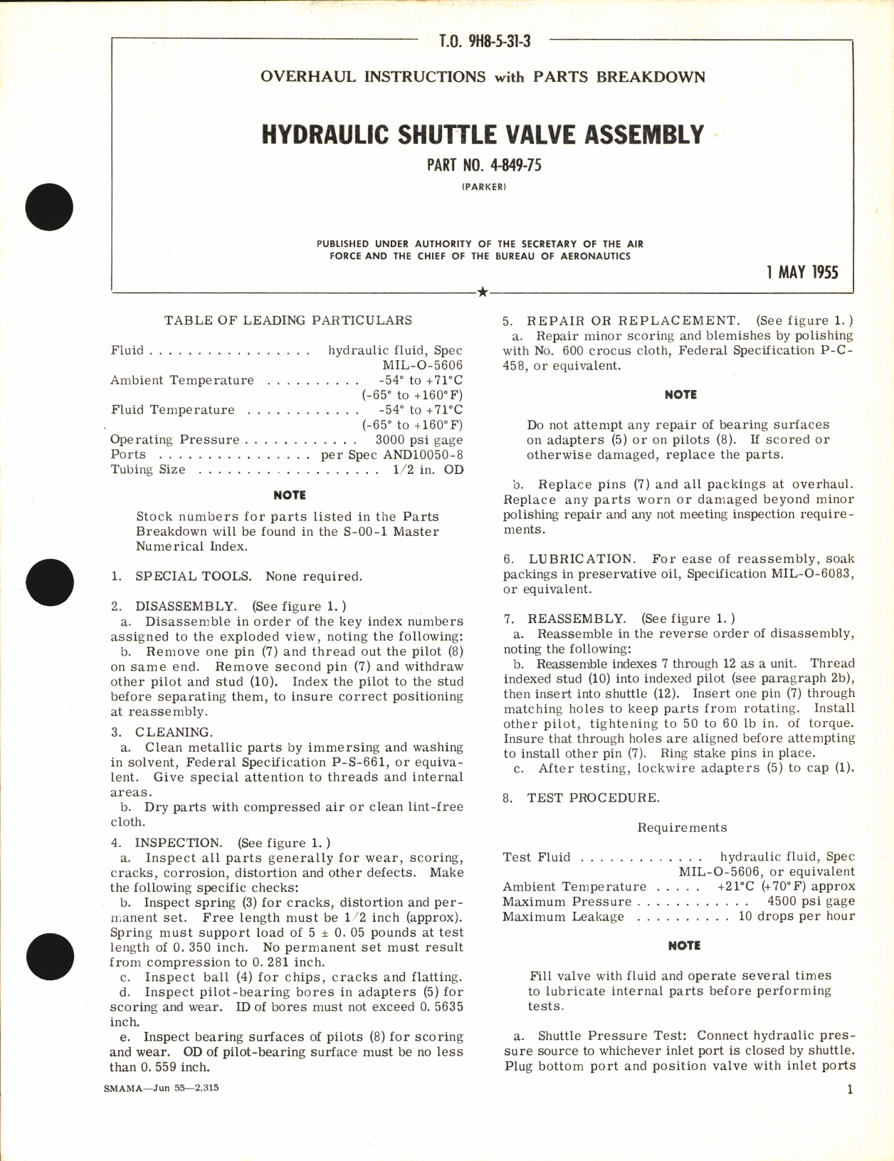 Sample page 1 from AirCorps Library document: Overhaul Instructions with Parts Breakdown for Hydraulic Shuttle Valve Assembly Part No. 4-849-75
