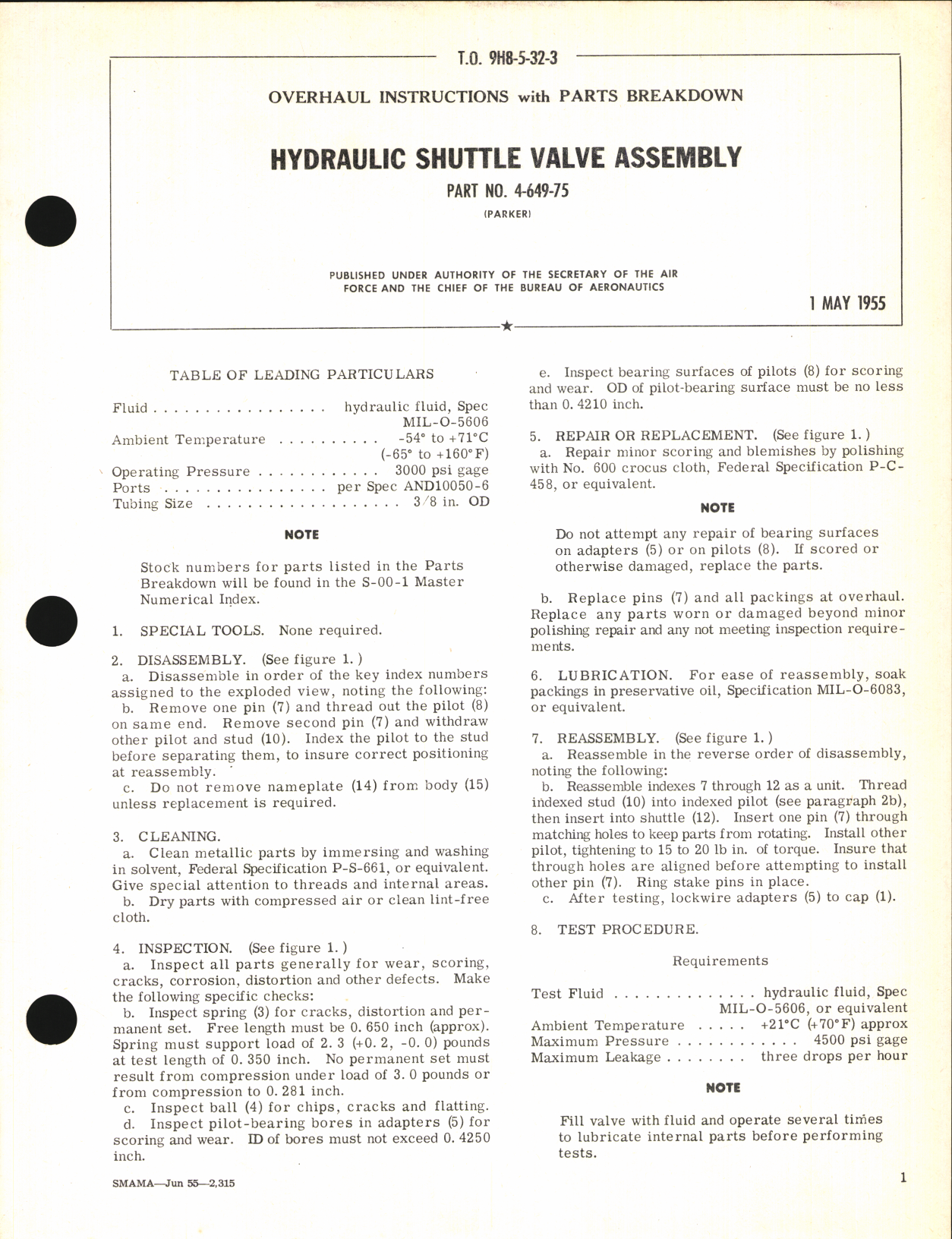 Sample page 1 from AirCorps Library document: Overhaul Instructions with Parts Breakdown for Hydraulic Shuttle Valve Assembly Part No. 4-649-75