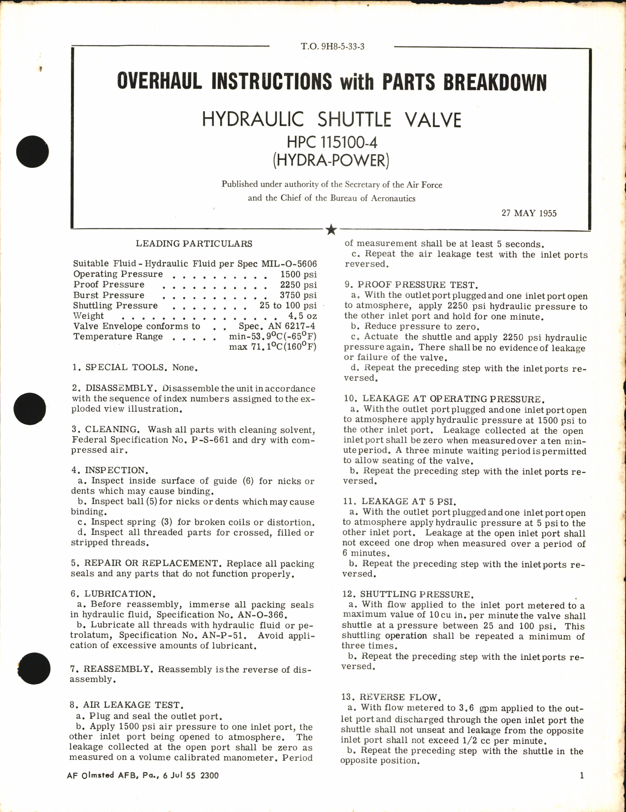 Sample page 1 from AirCorps Library document: Overhaul Instructions with Parts Breakdown for Hydraulic Shuttle Valve HPC 115100-4