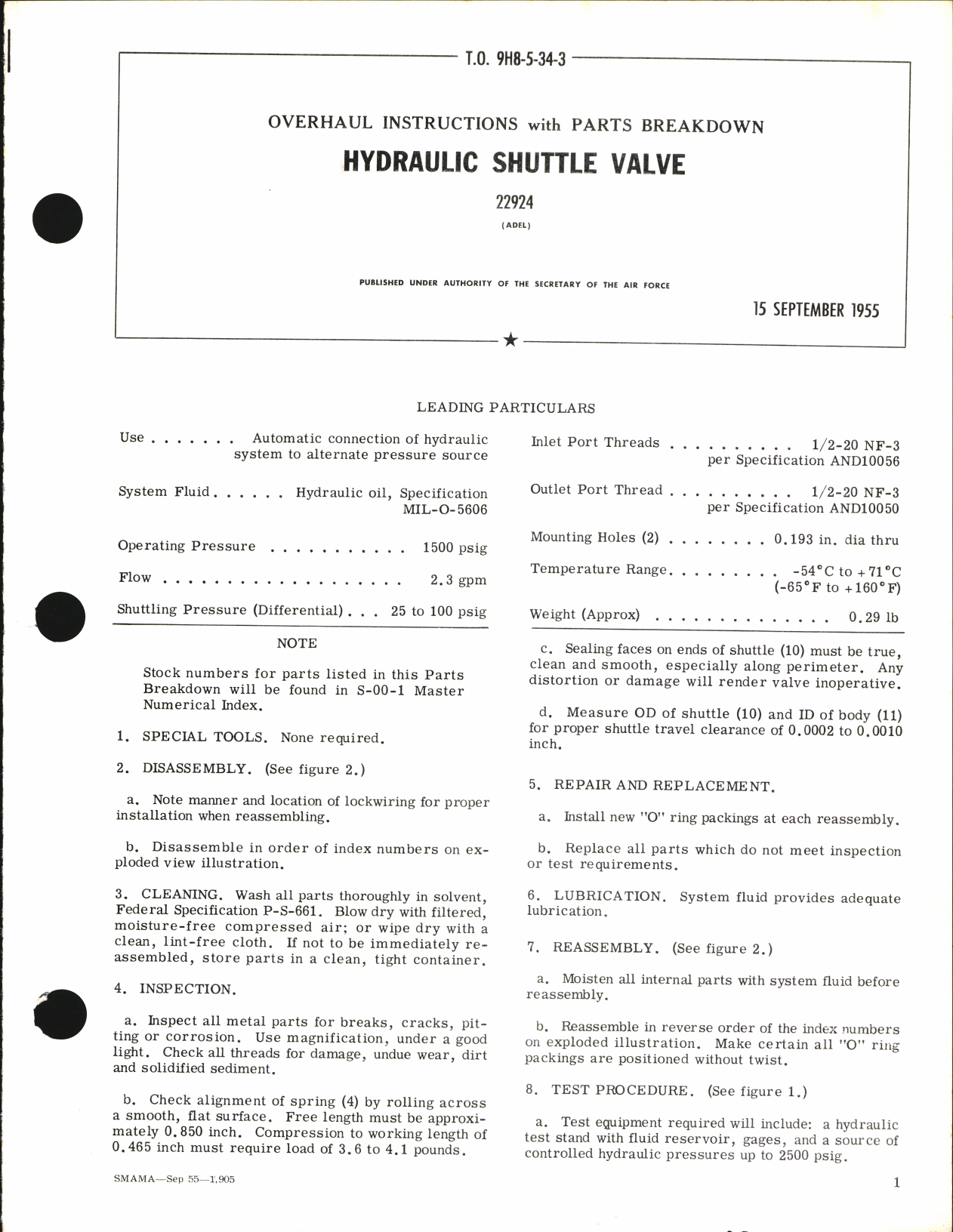 Sample page 1 from AirCorps Library document: Overhaul Instructions with Parts Breakdown for Hydraulic Shuttle Valve 22924