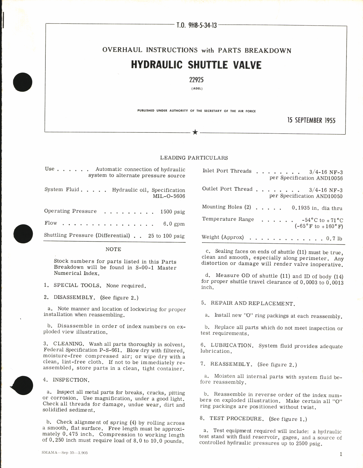 Sample page 1 from AirCorps Library document: Overhaul Instructions with Parts Breakdown for Hydraulic Shuttle Valve 22925