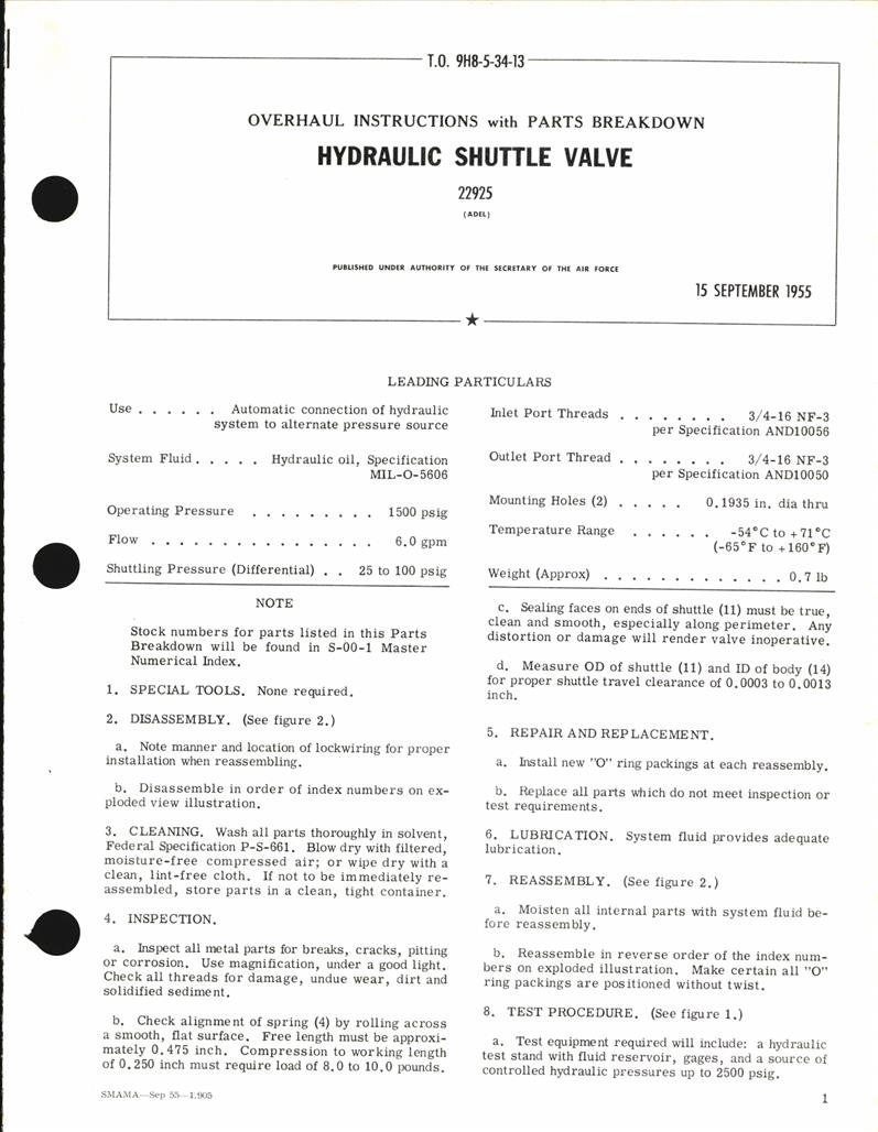 Overhaul Instructions with Parts Breakdown for Hydraulic Shuttle Valve