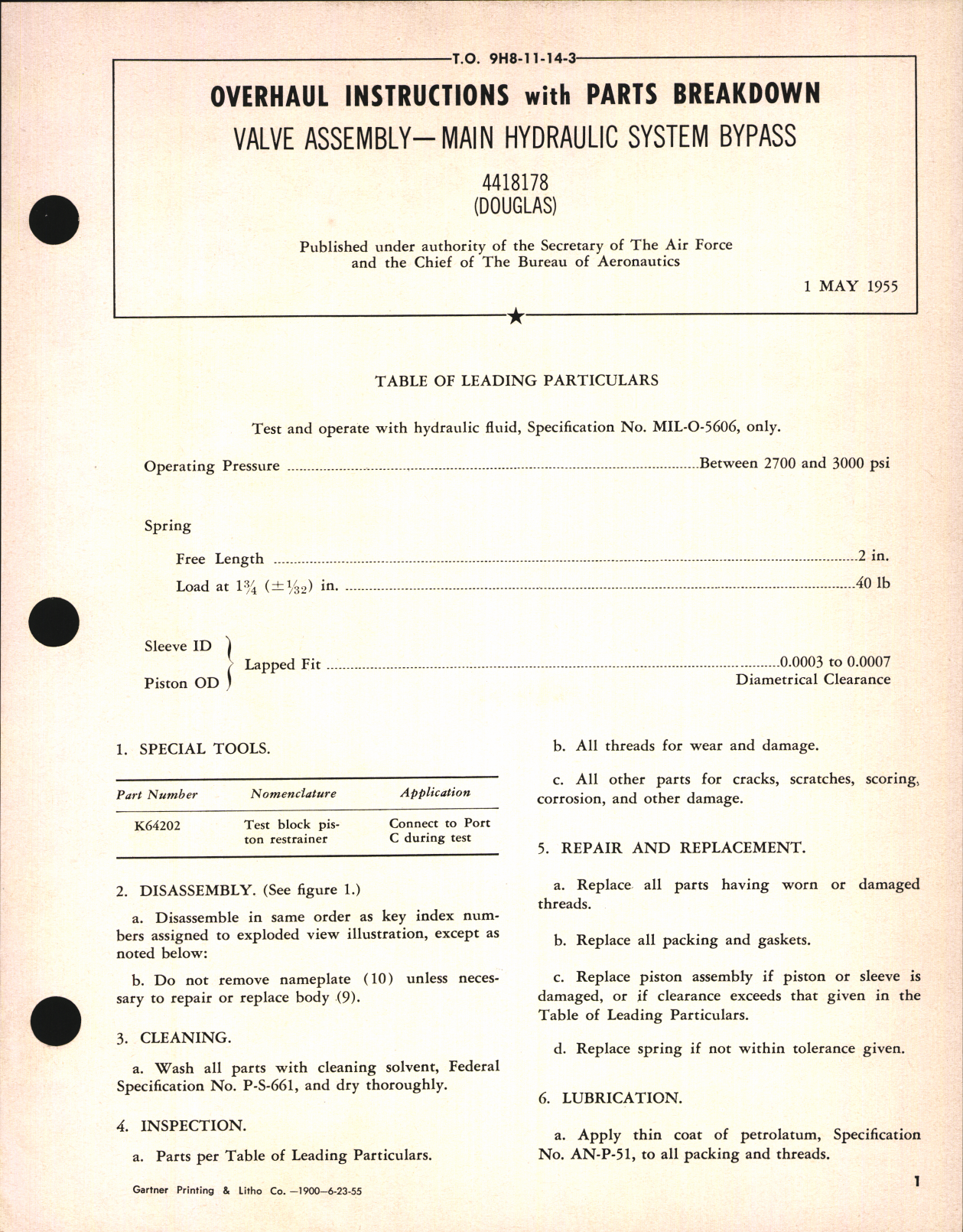 Sample page 1 from AirCorps Library document: Overhaul Instructions with Parts Breakdown for Valve Assembly Main hydraulic System Bypass 4418178