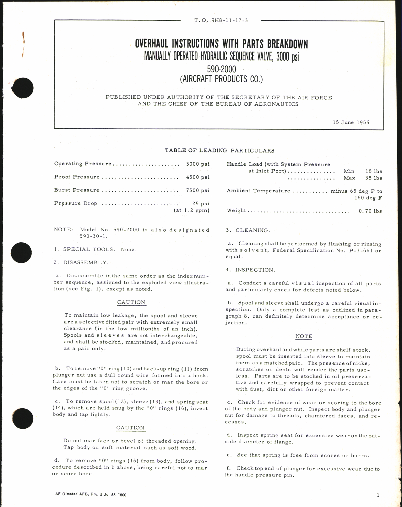 Sample page 1 from AirCorps Library document: Overhaul Instructions with Parts Breakdown for Manually Operated Hydraulic Sequence Valve, 3000 psi