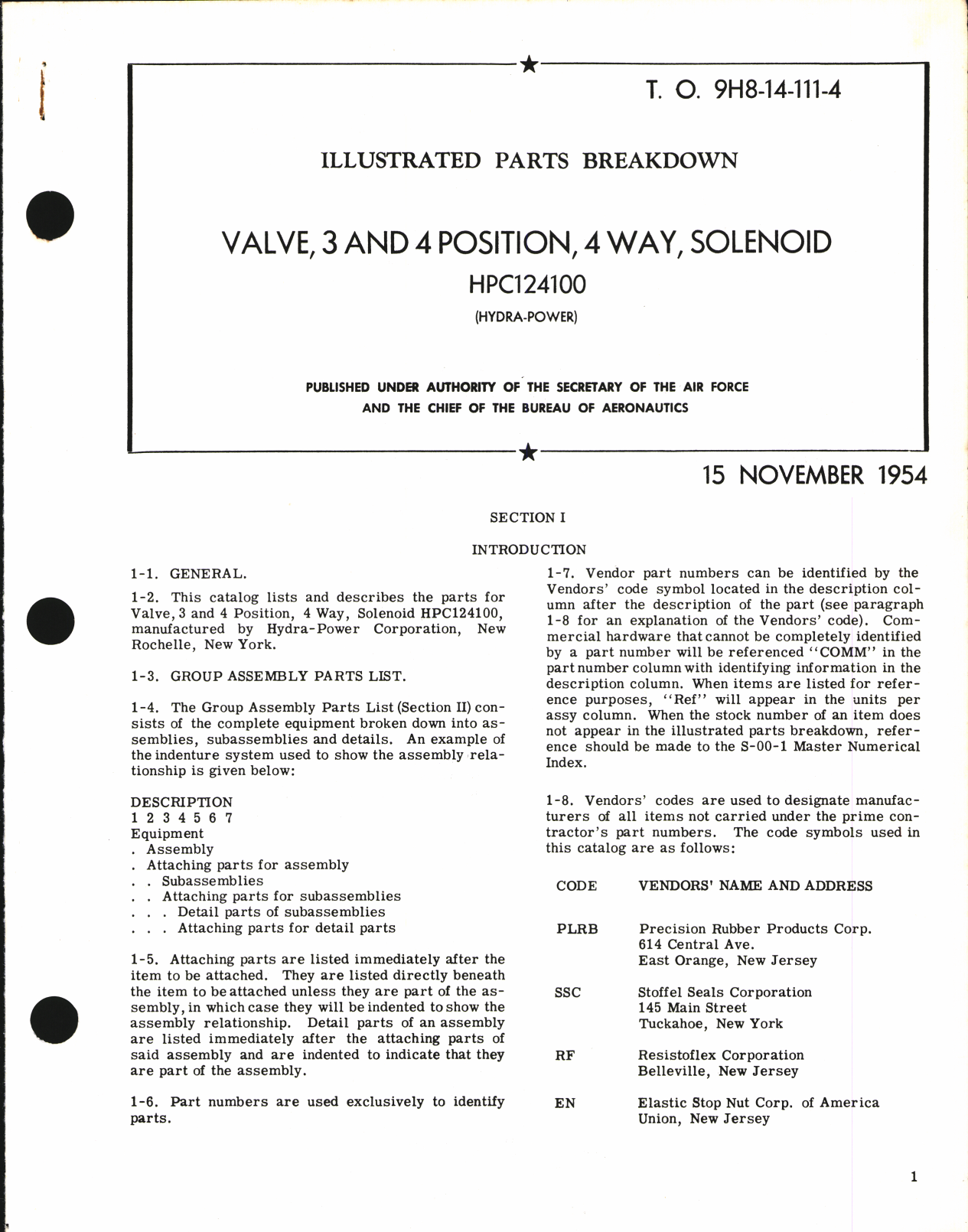 Sample page 1 from AirCorps Library document: Illustrated Parts Breakdown for Valve, 3 and 4 Position, 4 Way, Solenoid HPC124100