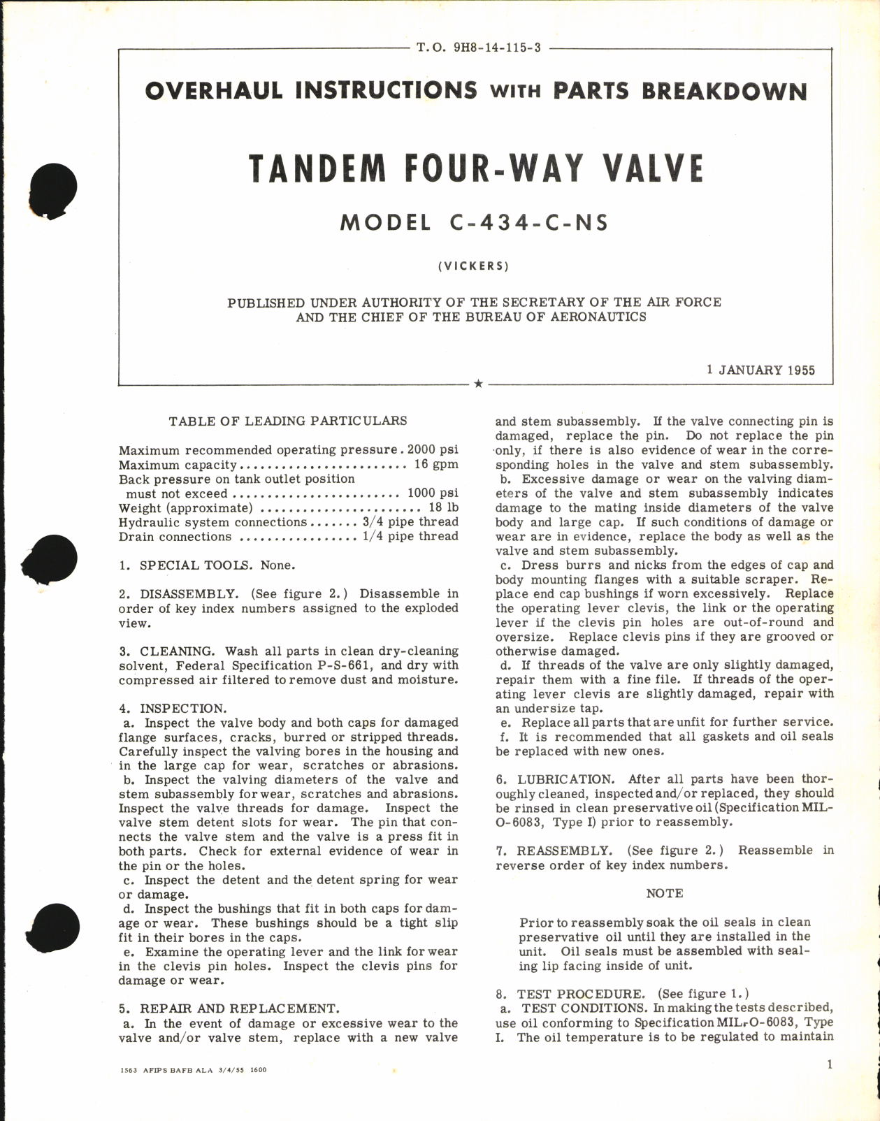 Sample page 1 from AirCorps Library document: Overhaul Instructions with Parts Breakdown for Tandem Four-Way Valve Model C-434-C-NS