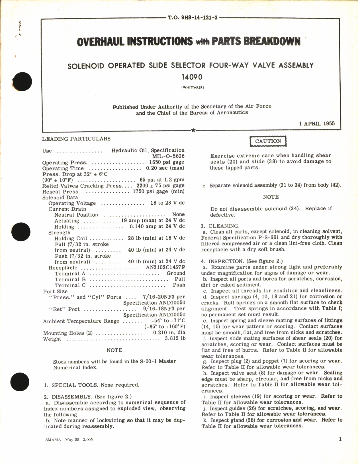 Sample page 1 from AirCorps Library document: Overhaul Instructions with Parts Breakdown for Solenoid Operated Slide Selector Four-Way Valve Assembly 14090