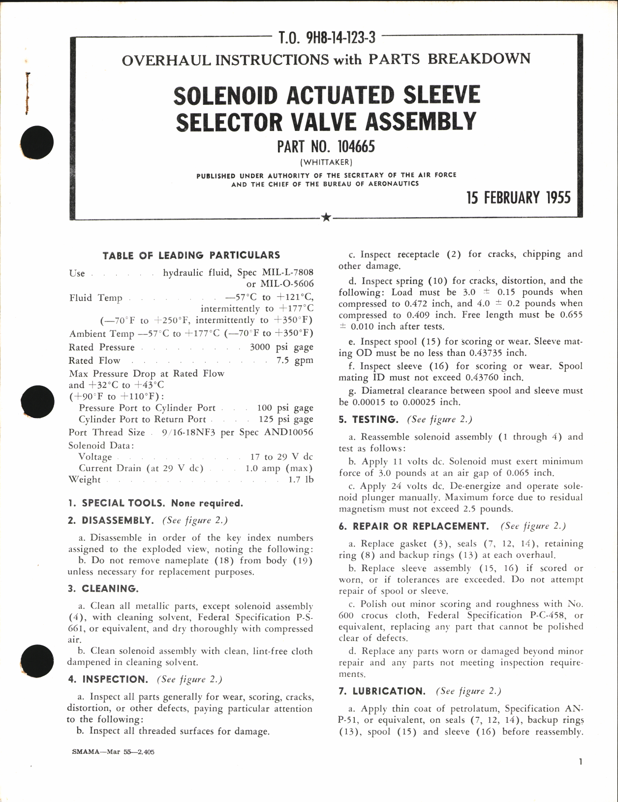 Sample page 1 from AirCorps Library document: Overhaul Instructions with Parts Breakdown for Solenoid Actuated Sleeve Selector Valve Assembly Part No. 104665
