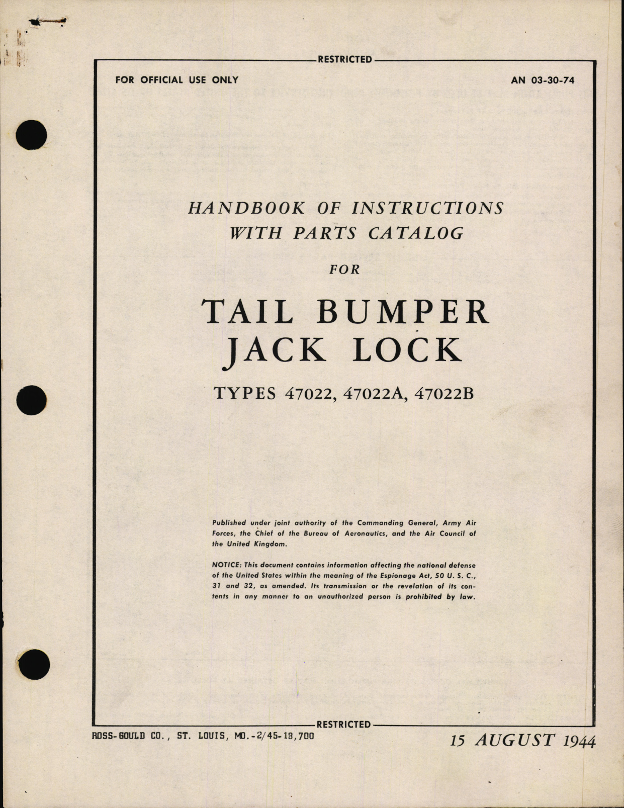 Sample page 1 from AirCorps Library document: Handbook of Instructions with Parts Catalog for Tail Bumper Jack Lock